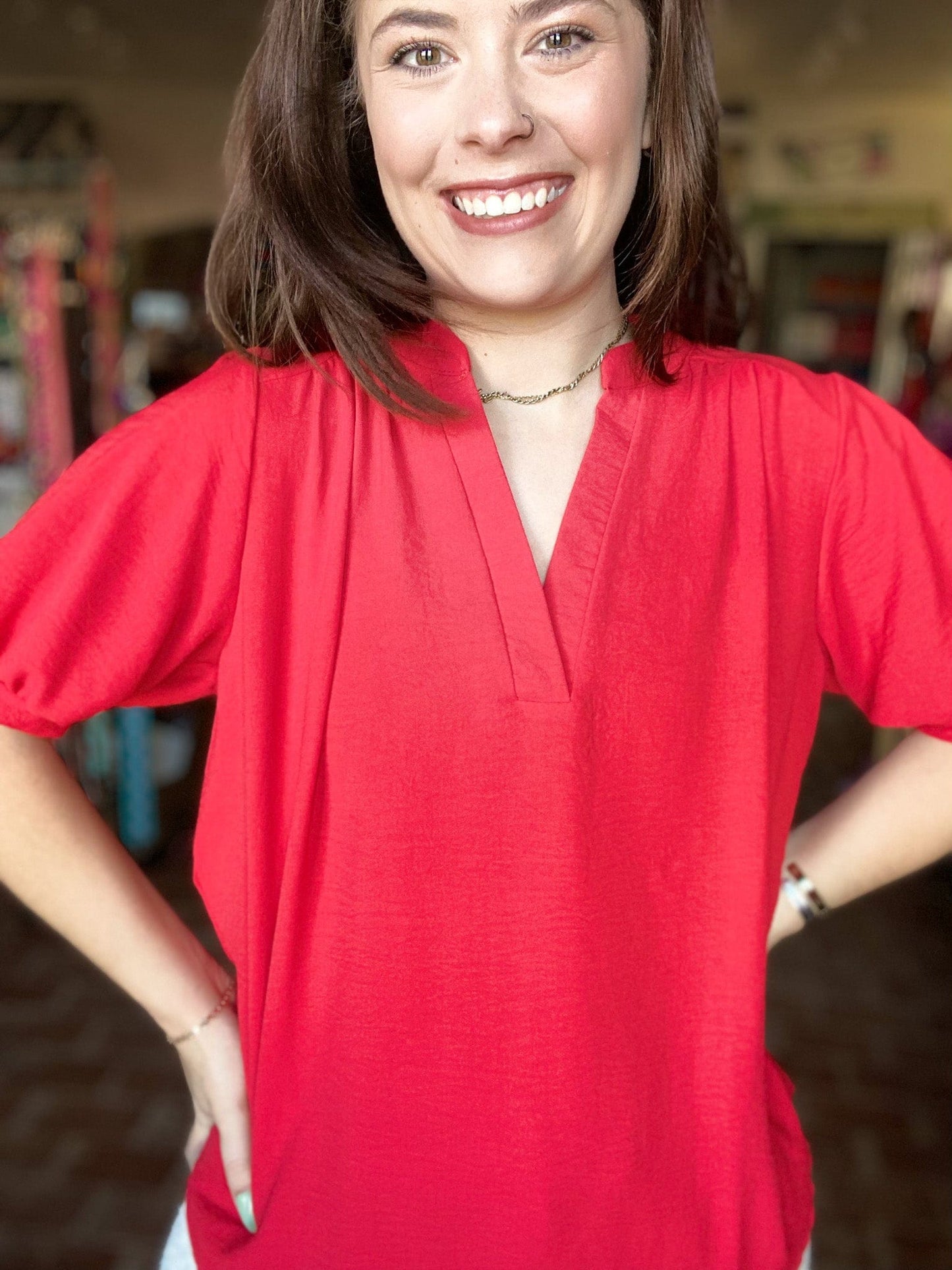 Tops Puff Sleeve Gabby Top-Red