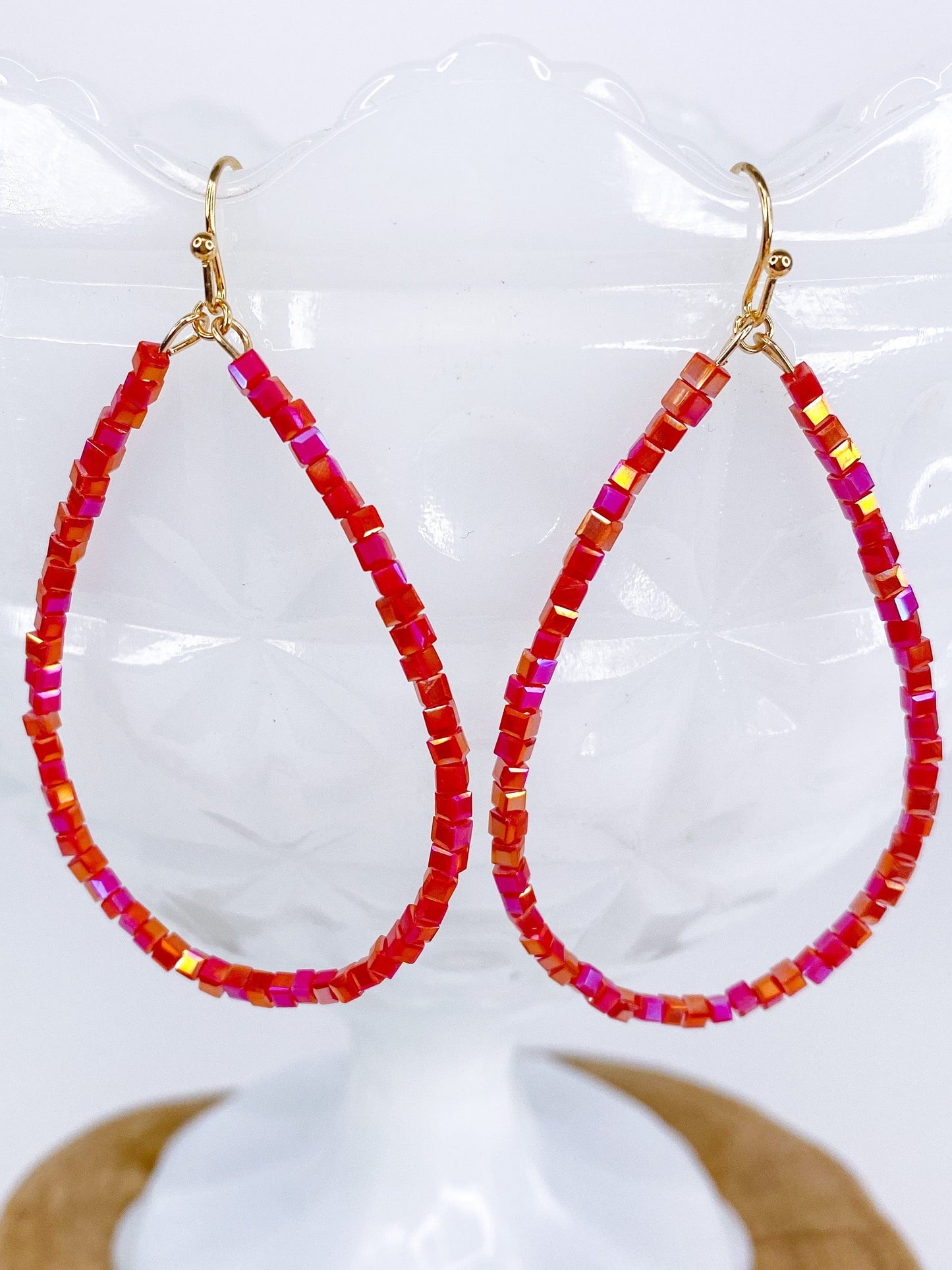 Earrings Shimmery Tear Drop Earring-Red n' Pink