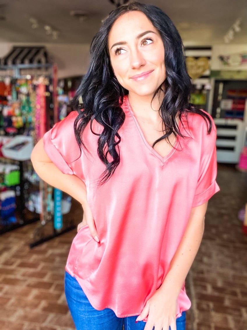 Tops Silky Shimmer Top- Salmon