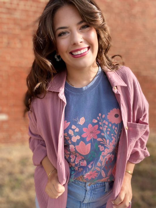 Water Color Flowers Tee- Denim Blue