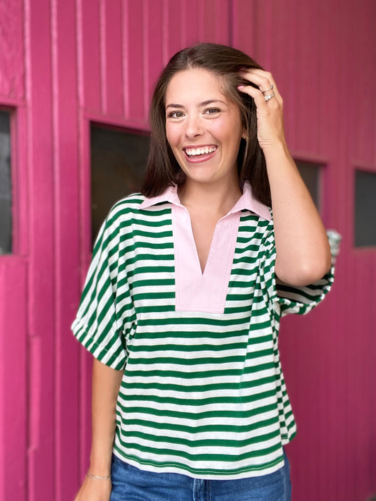 Green Stripe Pullover with Pink Collar