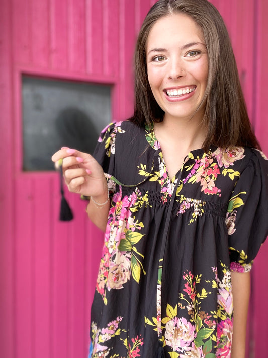 Black Floral Print Blouse
