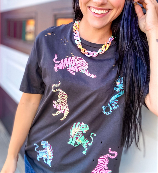 Distressed Neon Tiger Tee-Black