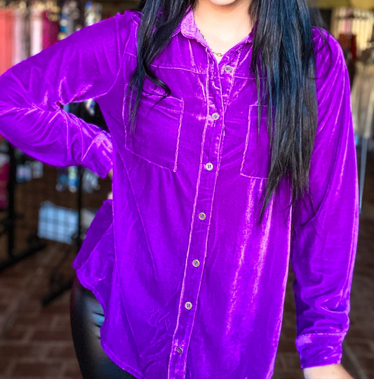 Umgee Velvet Button Down Top- Violet