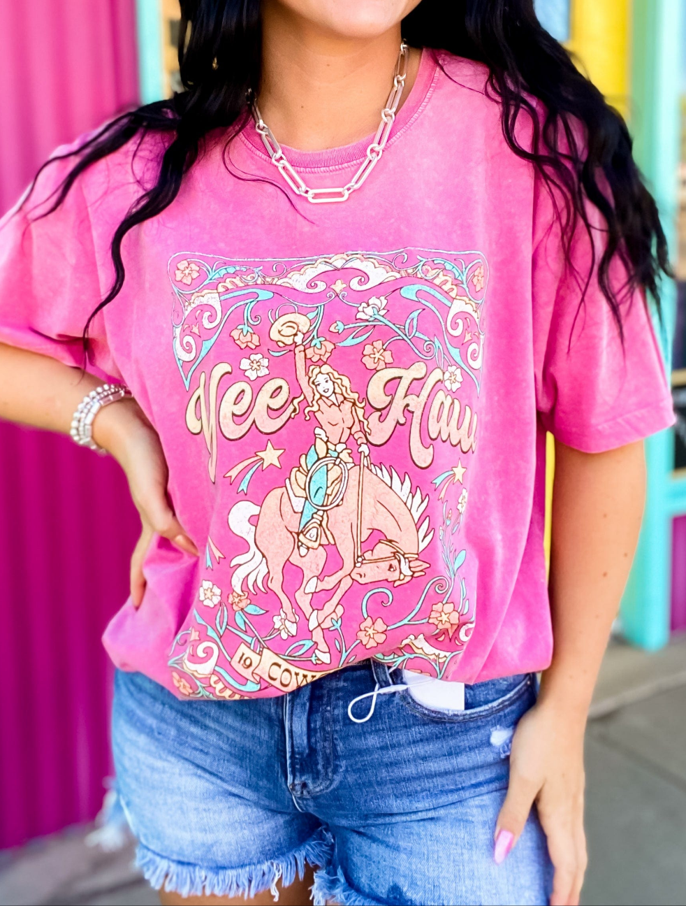 Yeehaw Mineral Washed Tee in Hot Pink