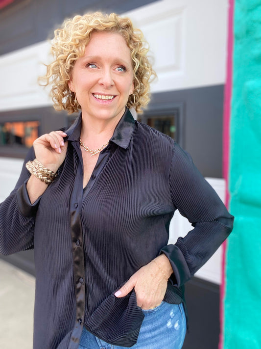 Black Ribbed Button Down Top