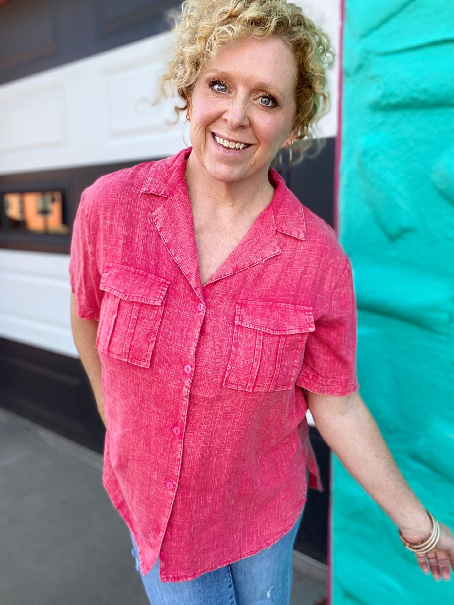 Tops Apple Red Linen Button Down