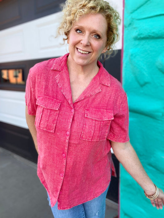 Tops Apple Red Linen Button Down