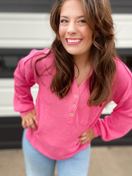 Tops Bailee Half Button Hoodie- Pink