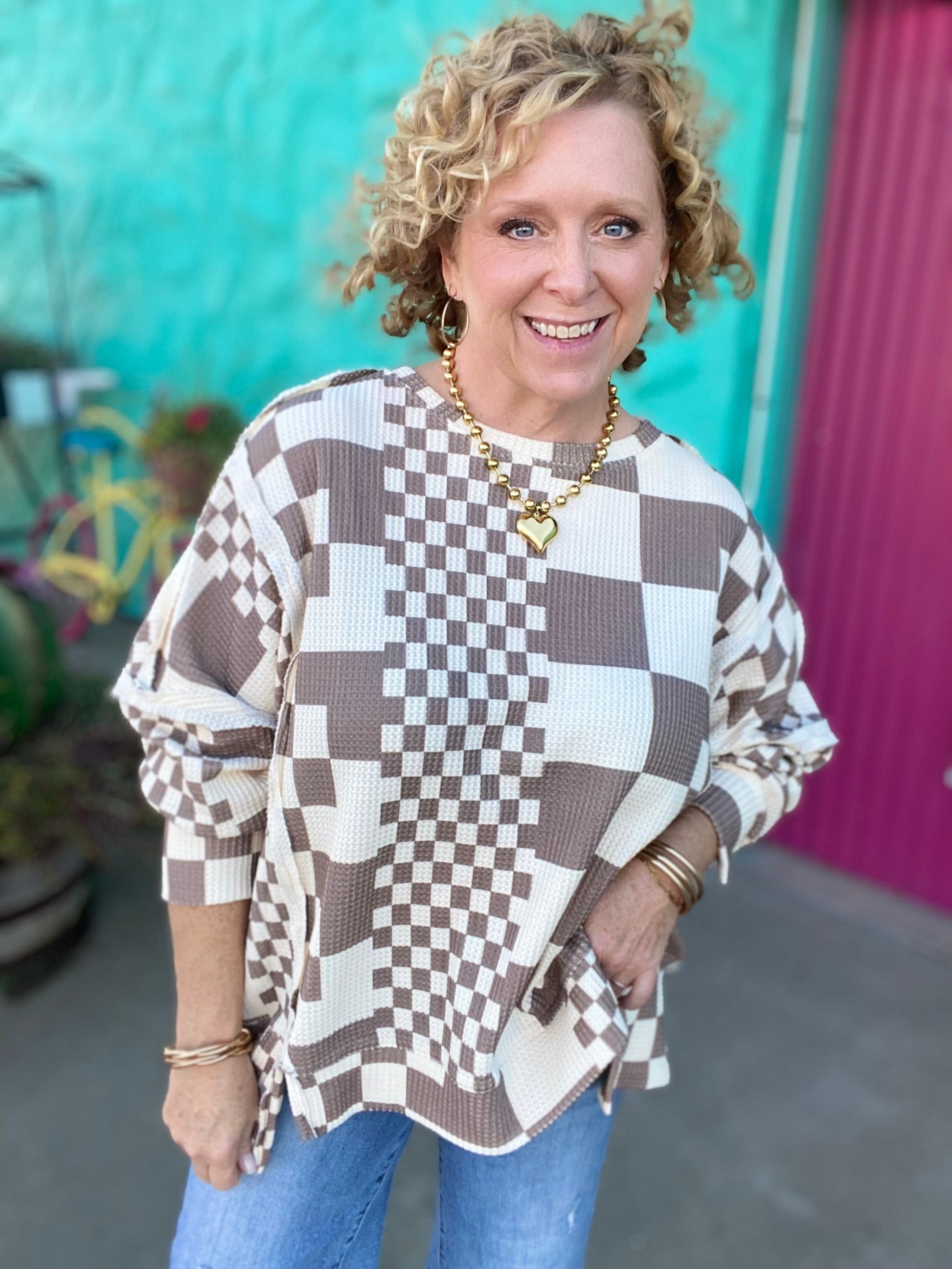 Tops BiBi Oversized Thermal Checked Pullover