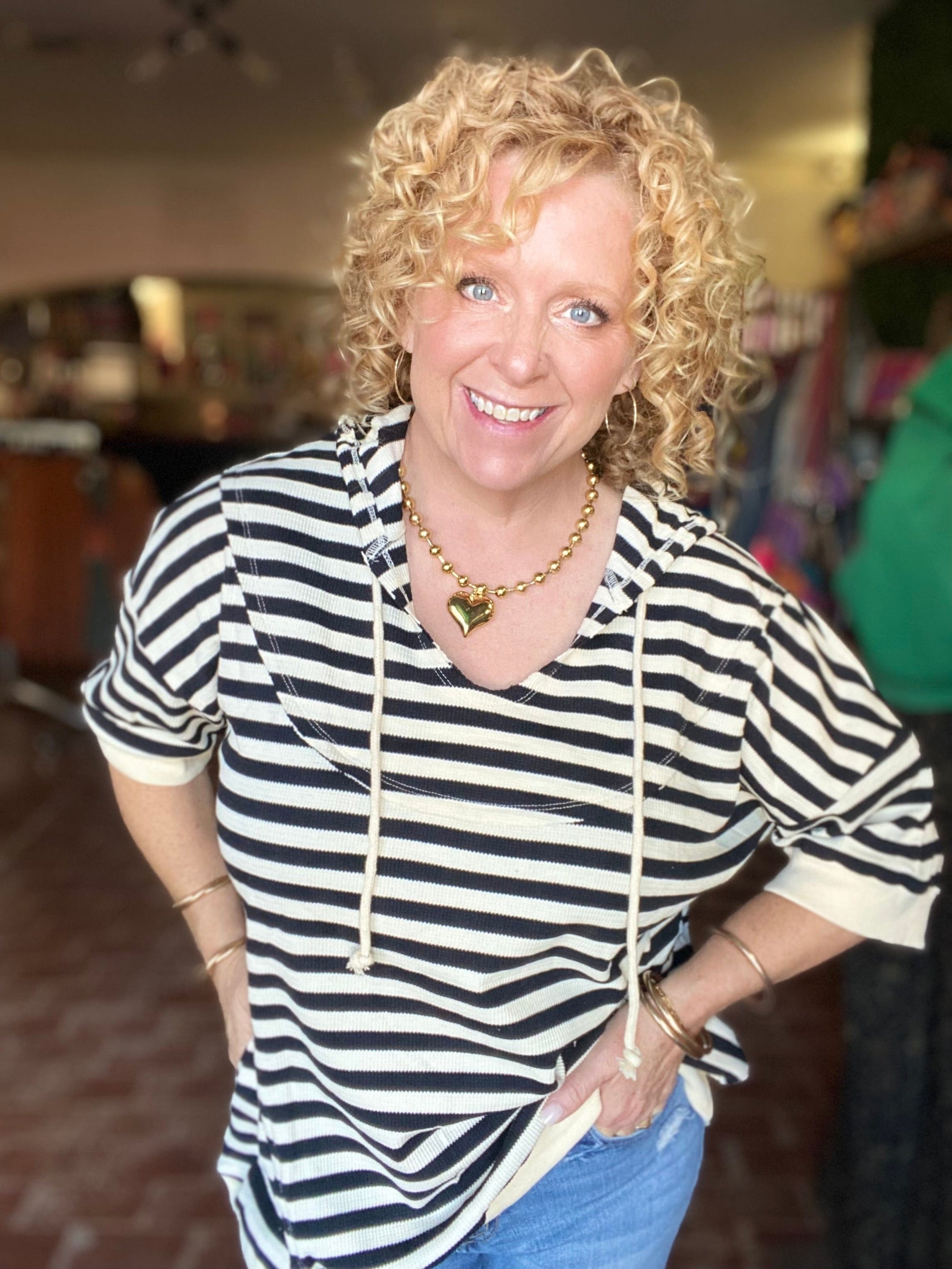 Tops BiBi Thermal Stripe Hoodie Short Sleeve