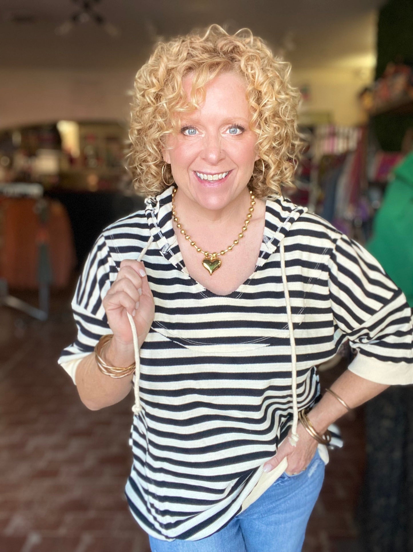 Tops BiBi Thermal Stripe Hoodie Short Sleeve