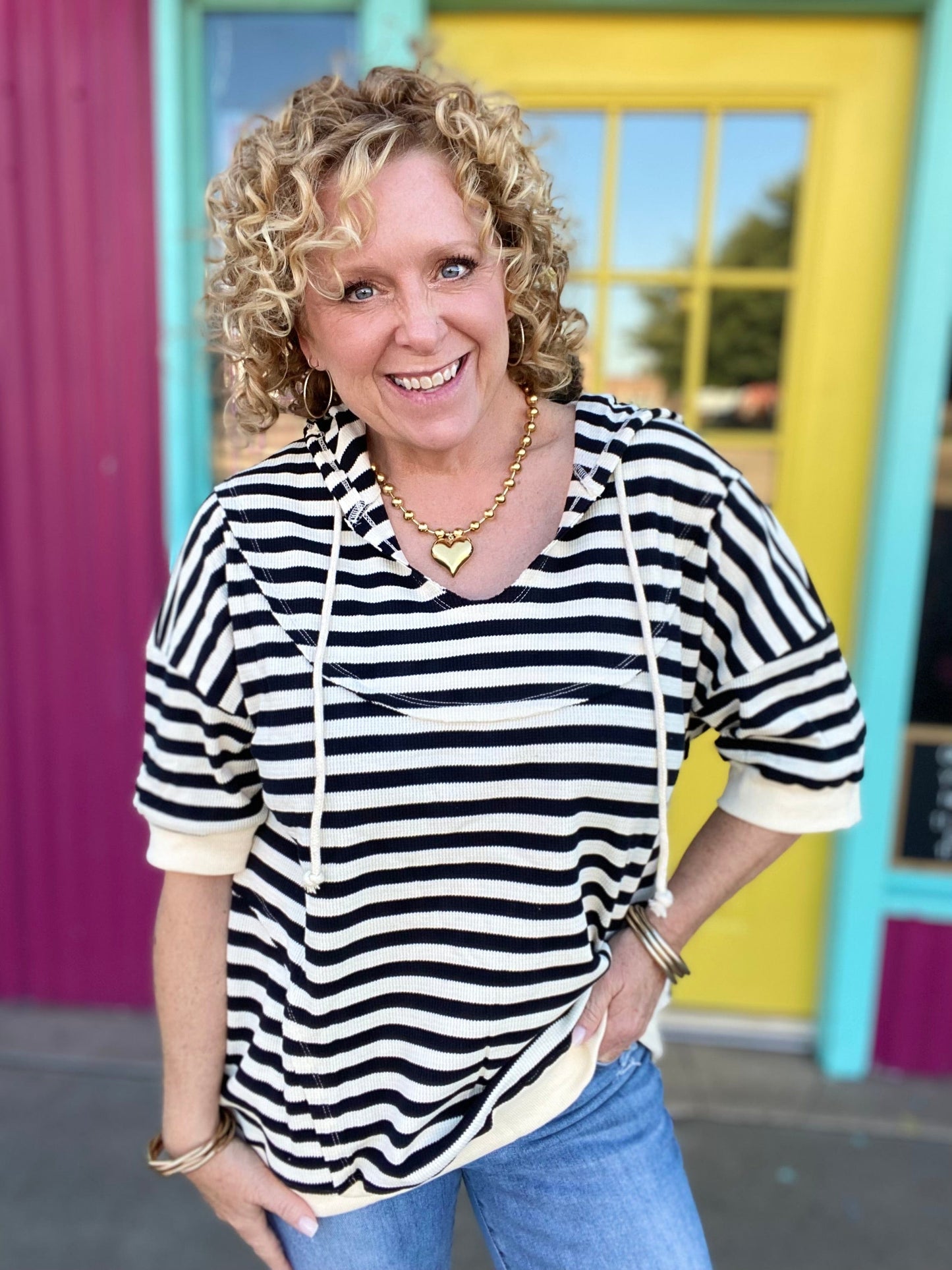 Tops BiBi Thermal Stripe Hoodie Short Sleeve