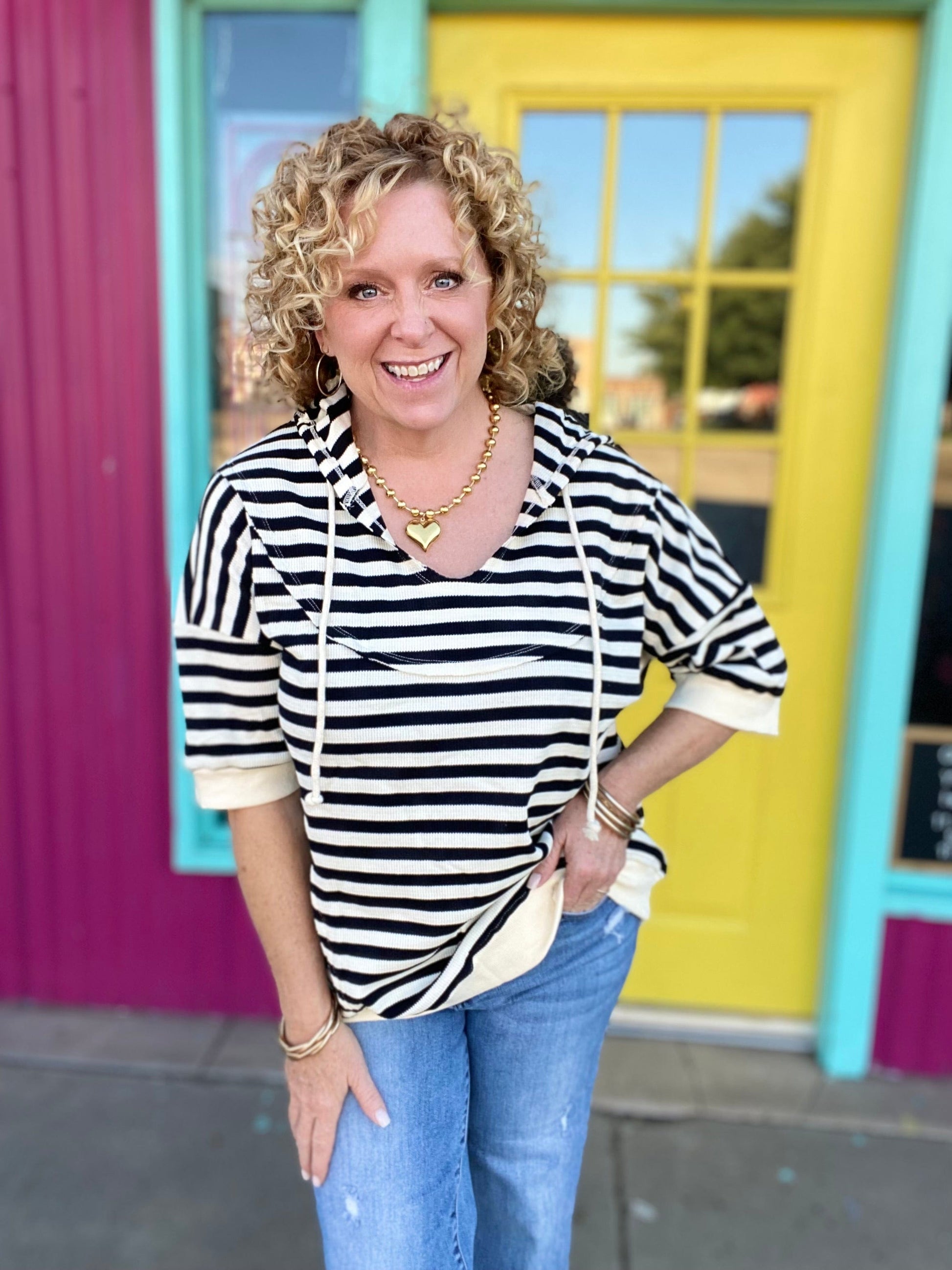 Tops BiBi Thermal Stripe Hoodie Short Sleeve