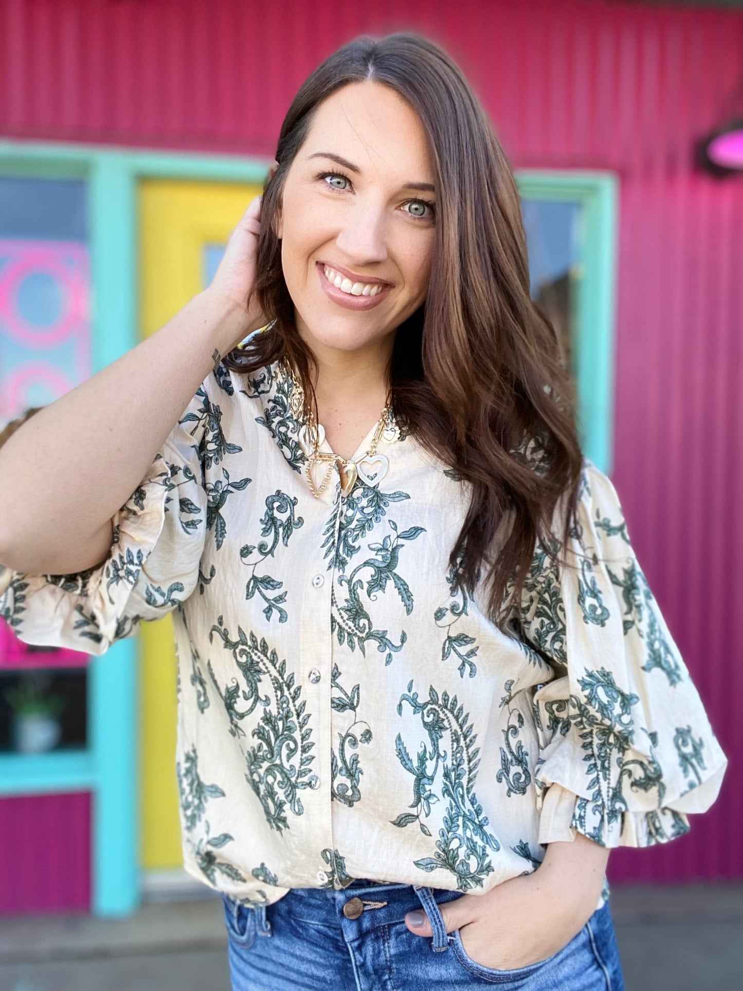 Tops Cady Floral Balloon Sleeve Top- Cream & Teal