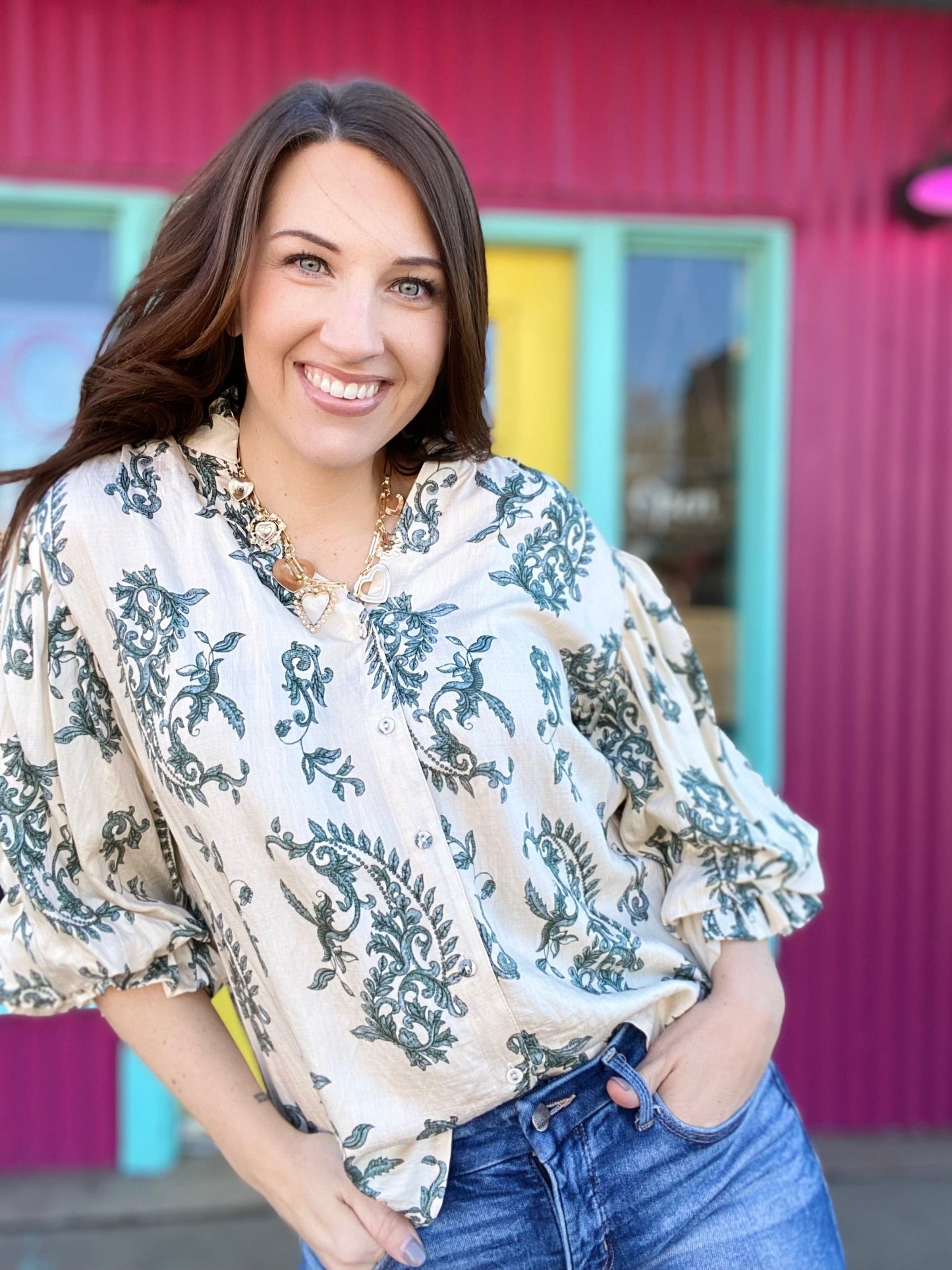 Tops Cady Floral Balloon Sleeve Top- Cream & Teal