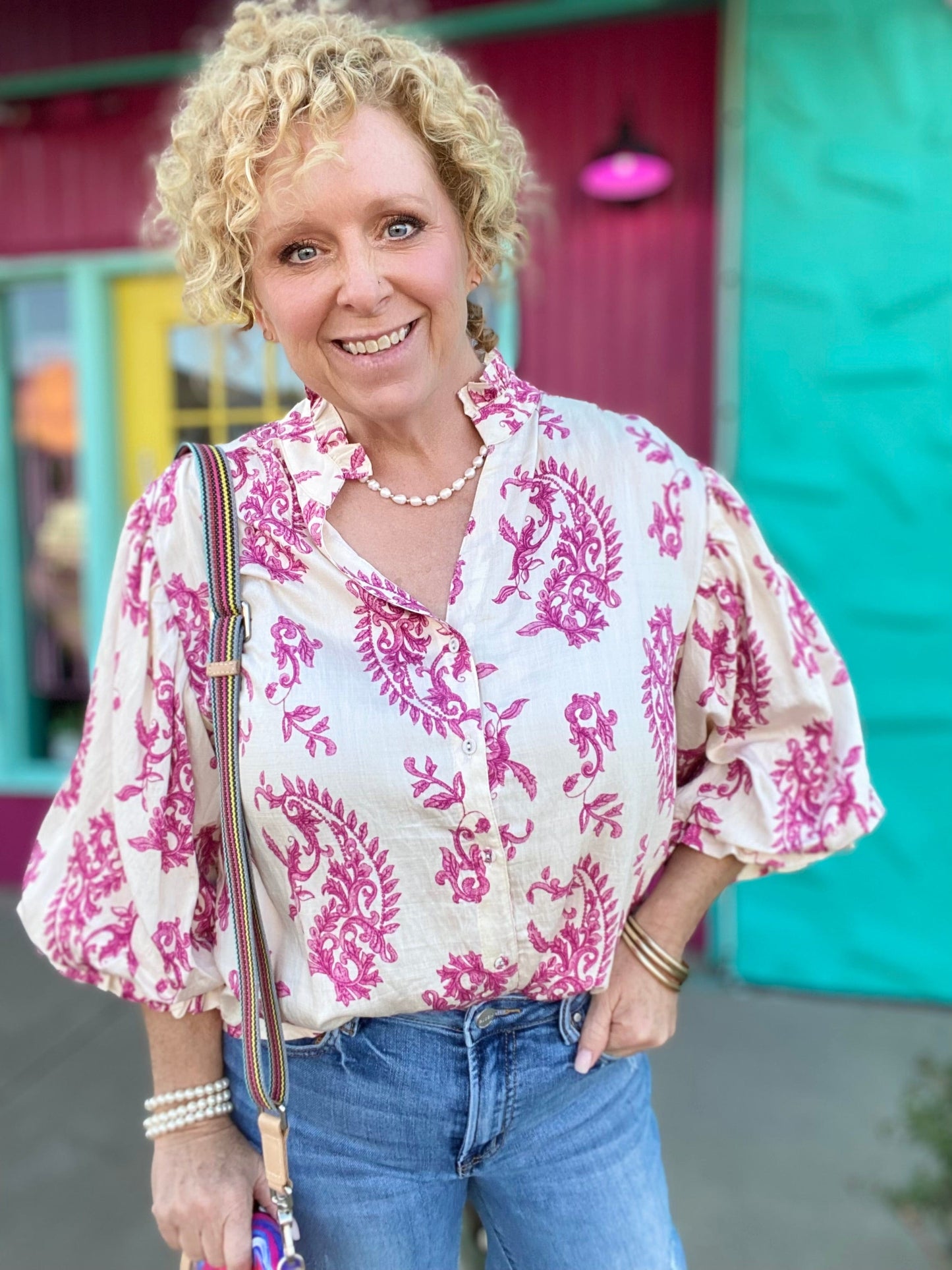 Tops Cady Floral Balloon Sleeve Top- Fuchsia