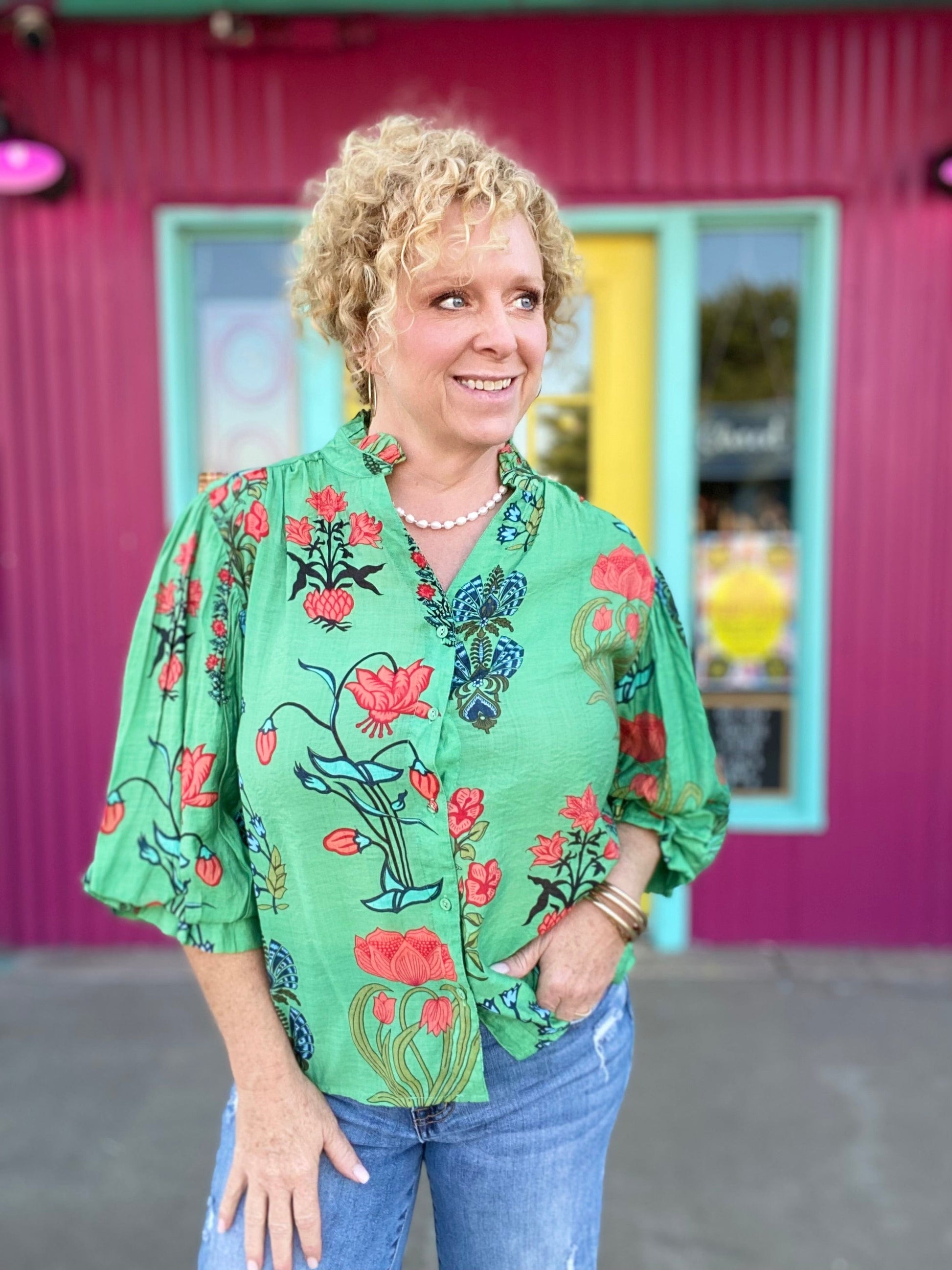 Tops Cady Floral Balloon Sleeve Top- Green