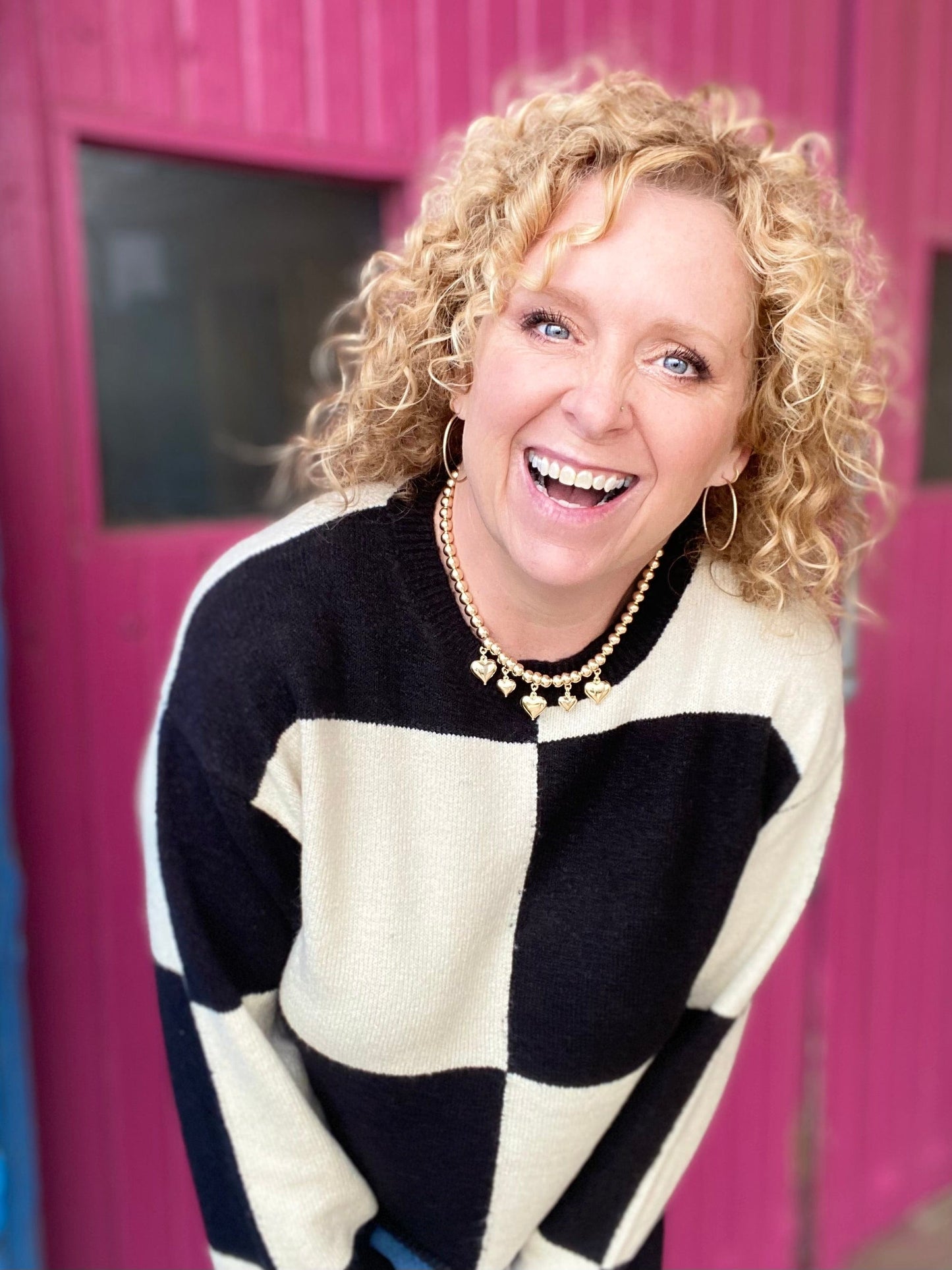 Shirts & Tops Checked Sweater- Cream and Black