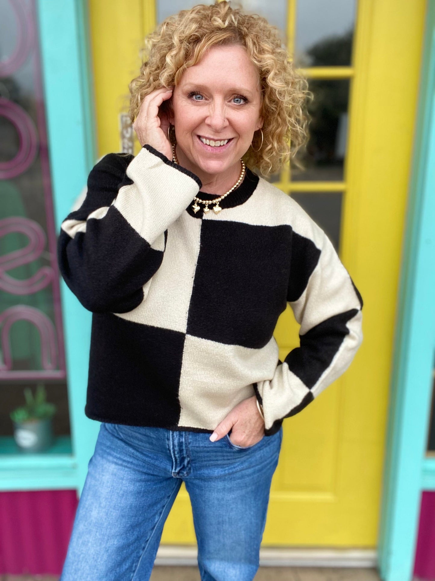 Shirts & Tops Checked Sweater- Cream and Black