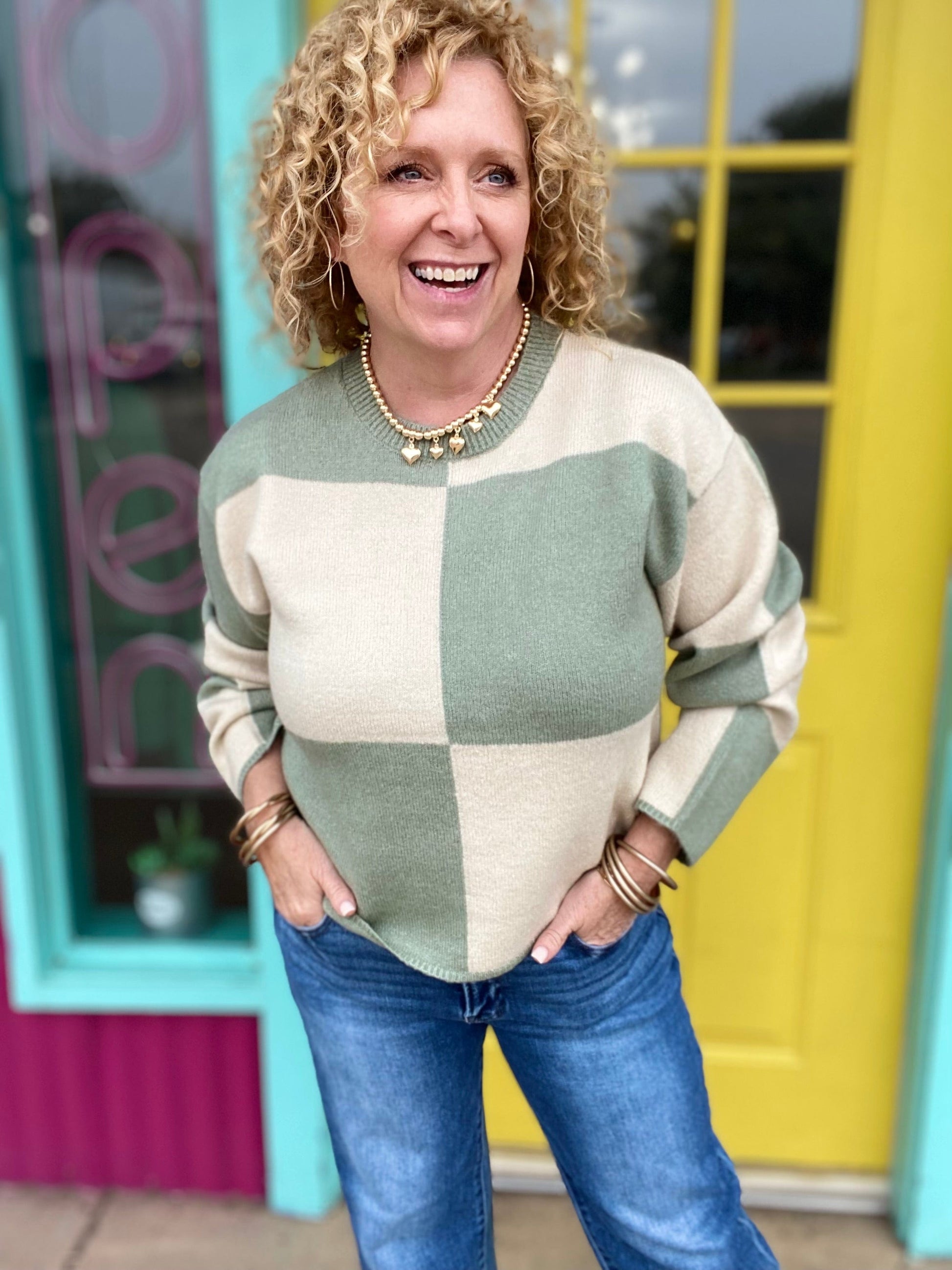 Shirts & Tops Checked Sweater- Cream and Sage