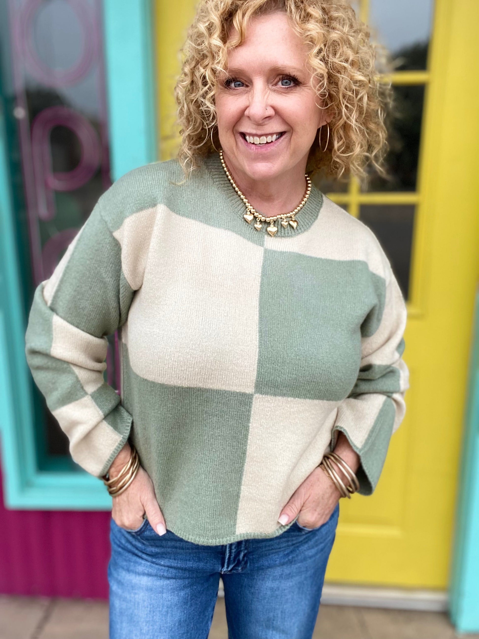 Shirts & Tops Checked Sweater- Cream and Sage