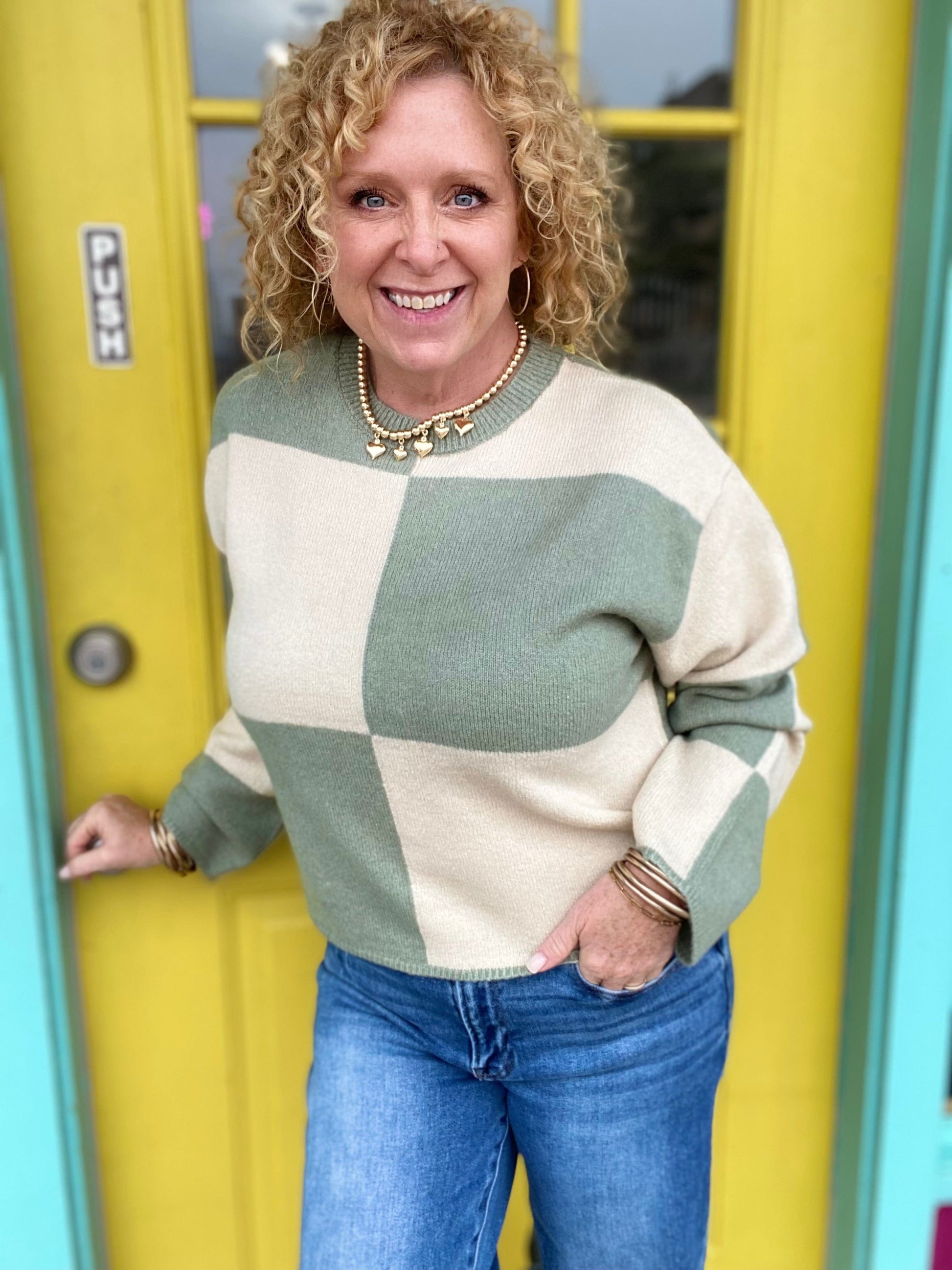 Shirts & Tops Checked Sweater- Cream and Sage