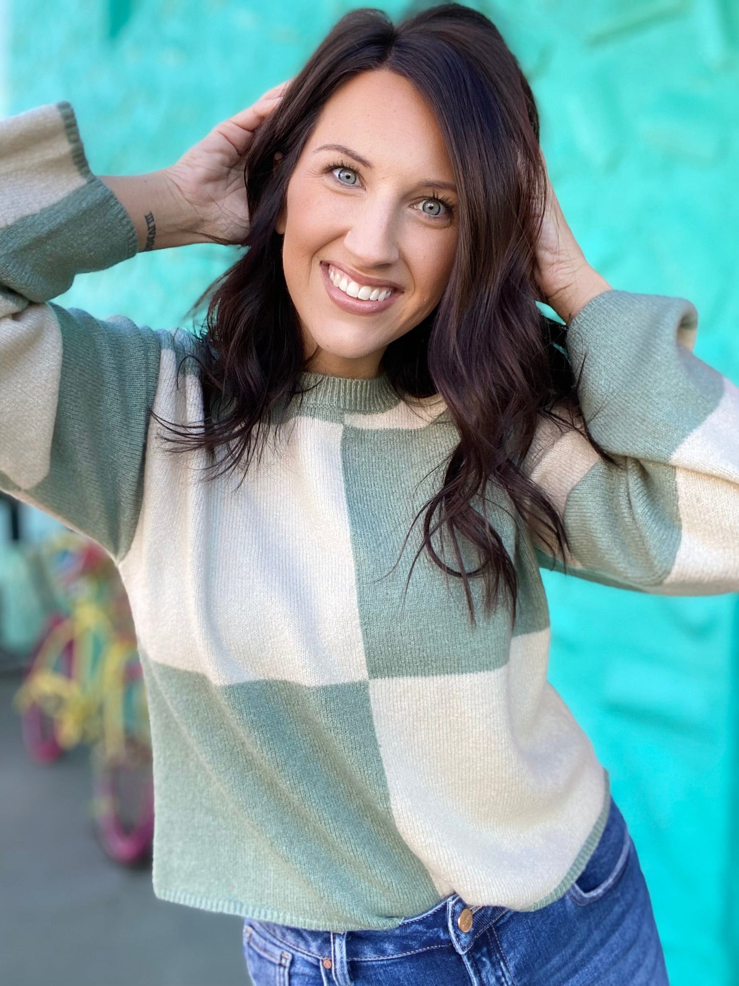 Shirts & Tops Checked Sweater- Cream and Sage