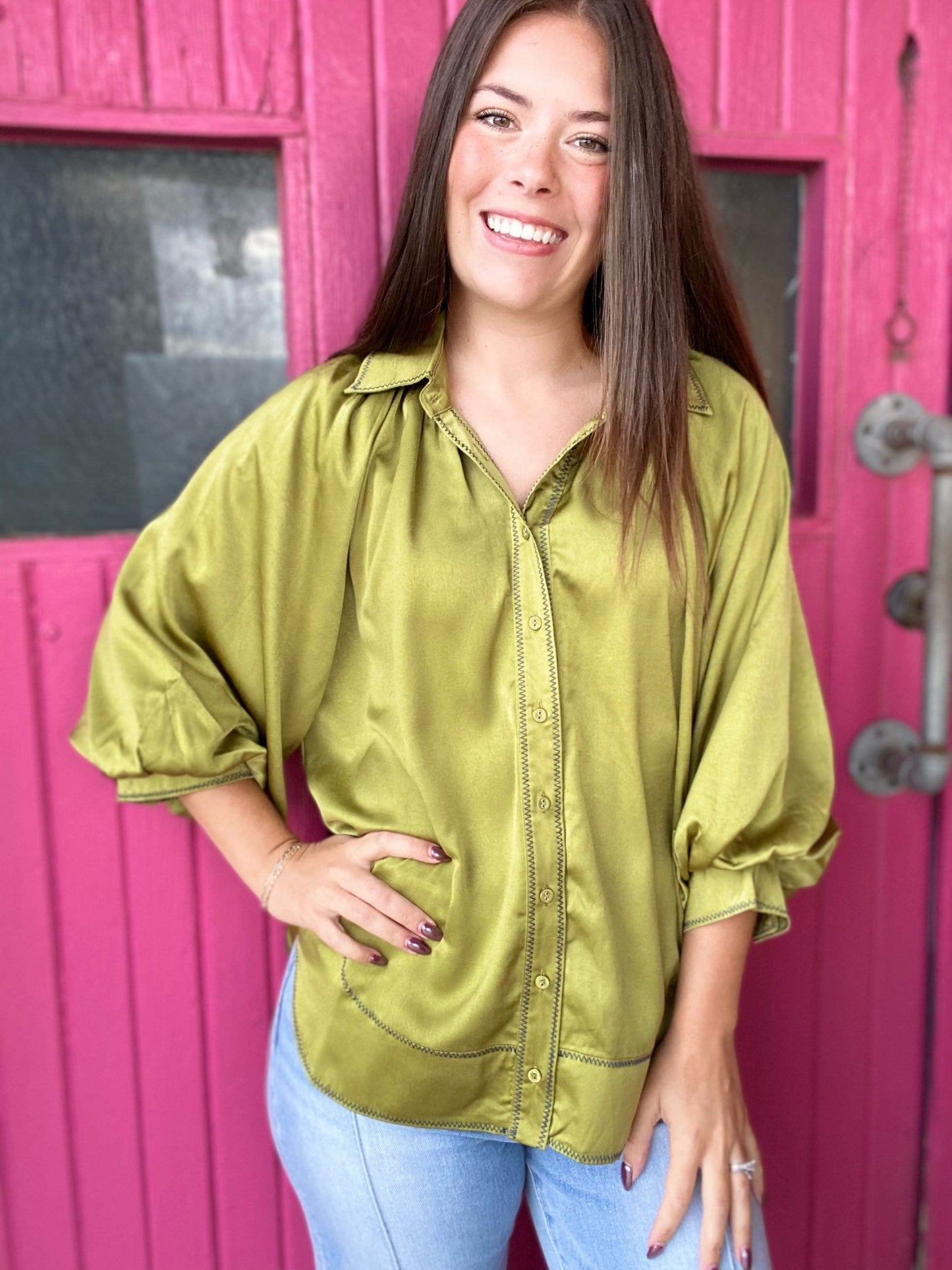 Tops Clarke Button Front Blouse- Apple