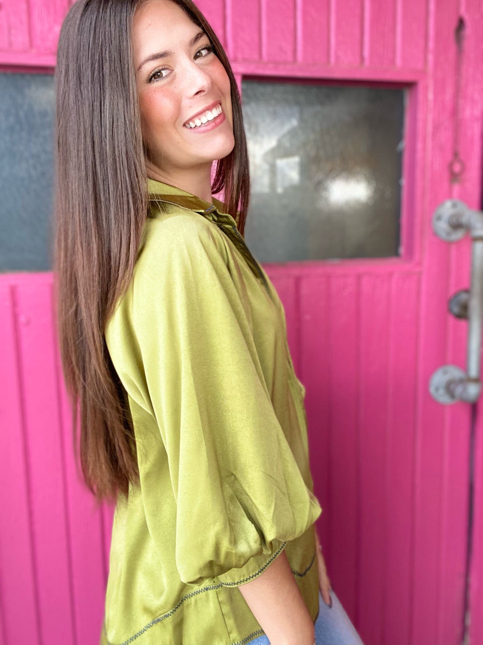 Tops Clarke Button Front Blouse- Apple