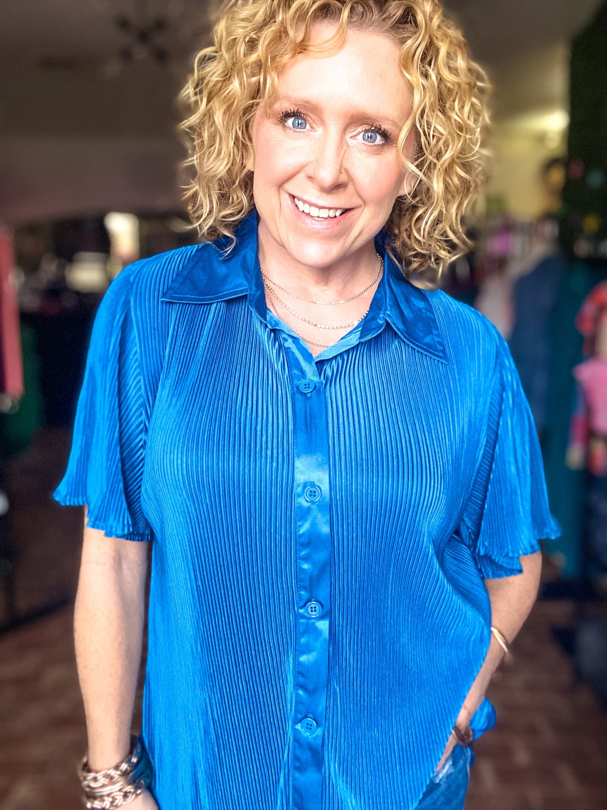 Shirts & Tops Curvy Accordion Button Down Top- Teal
