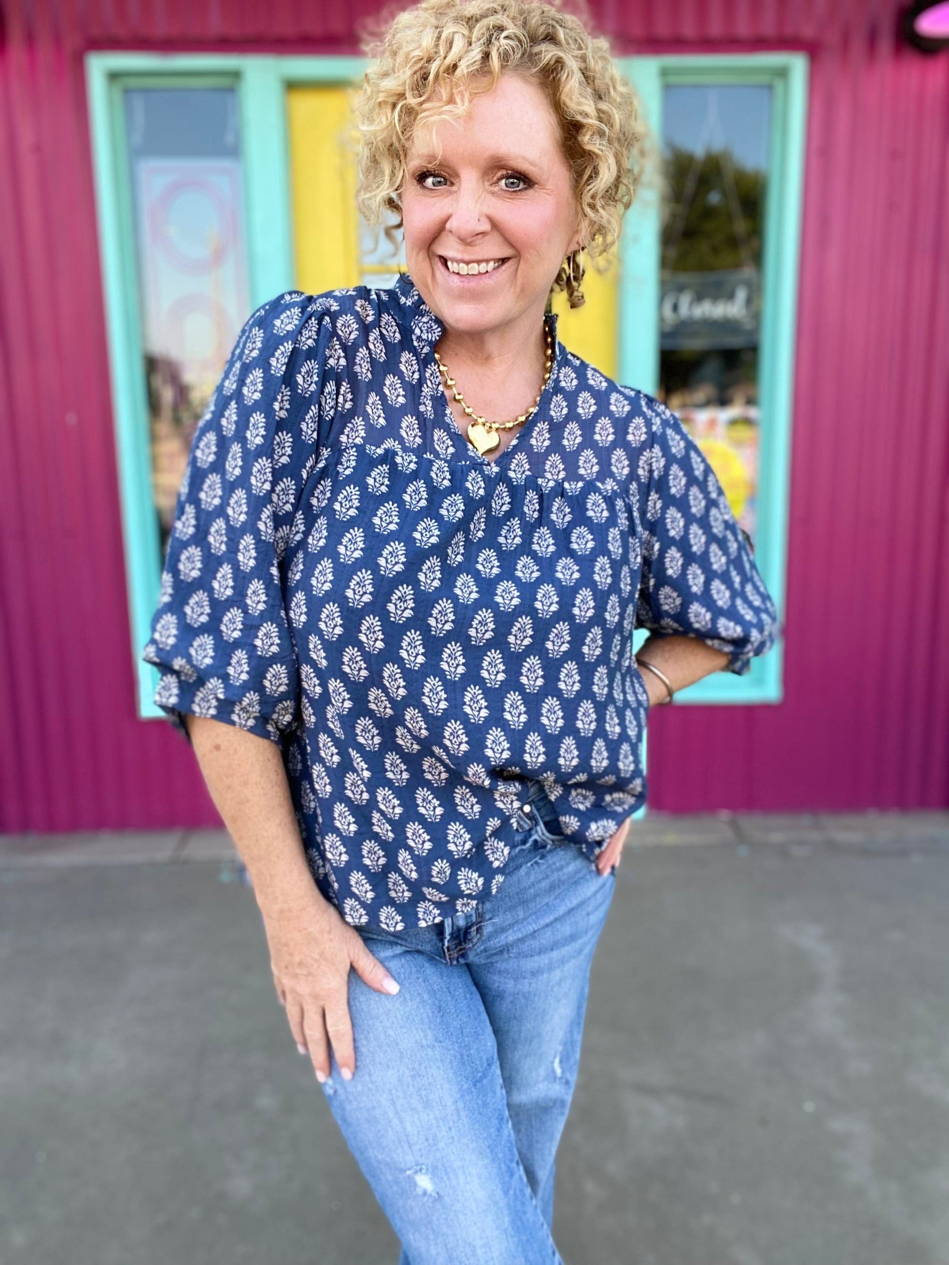 Tops Denim Blue Floral Blouse