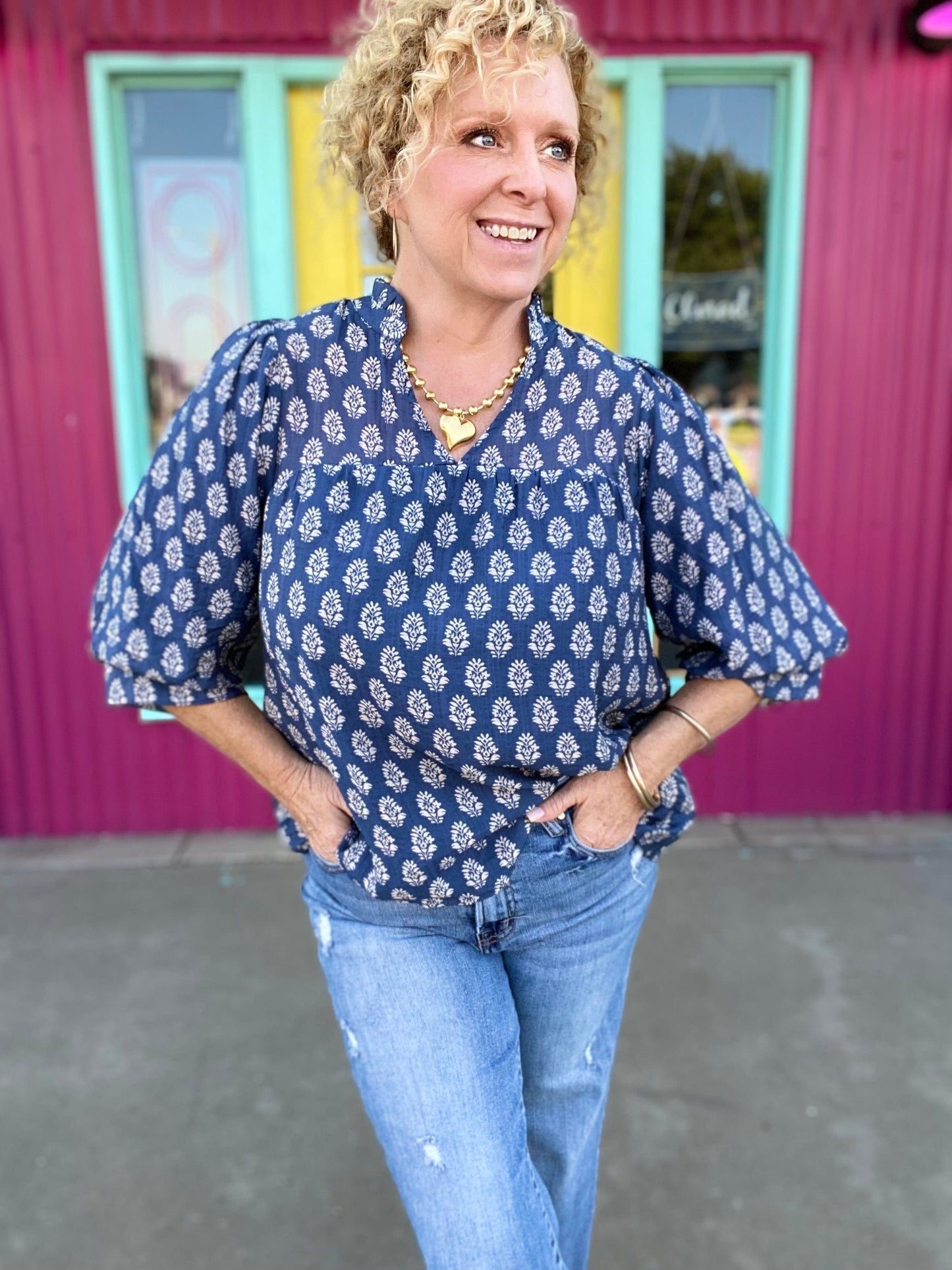 Tops Denim Blue Floral Blouse