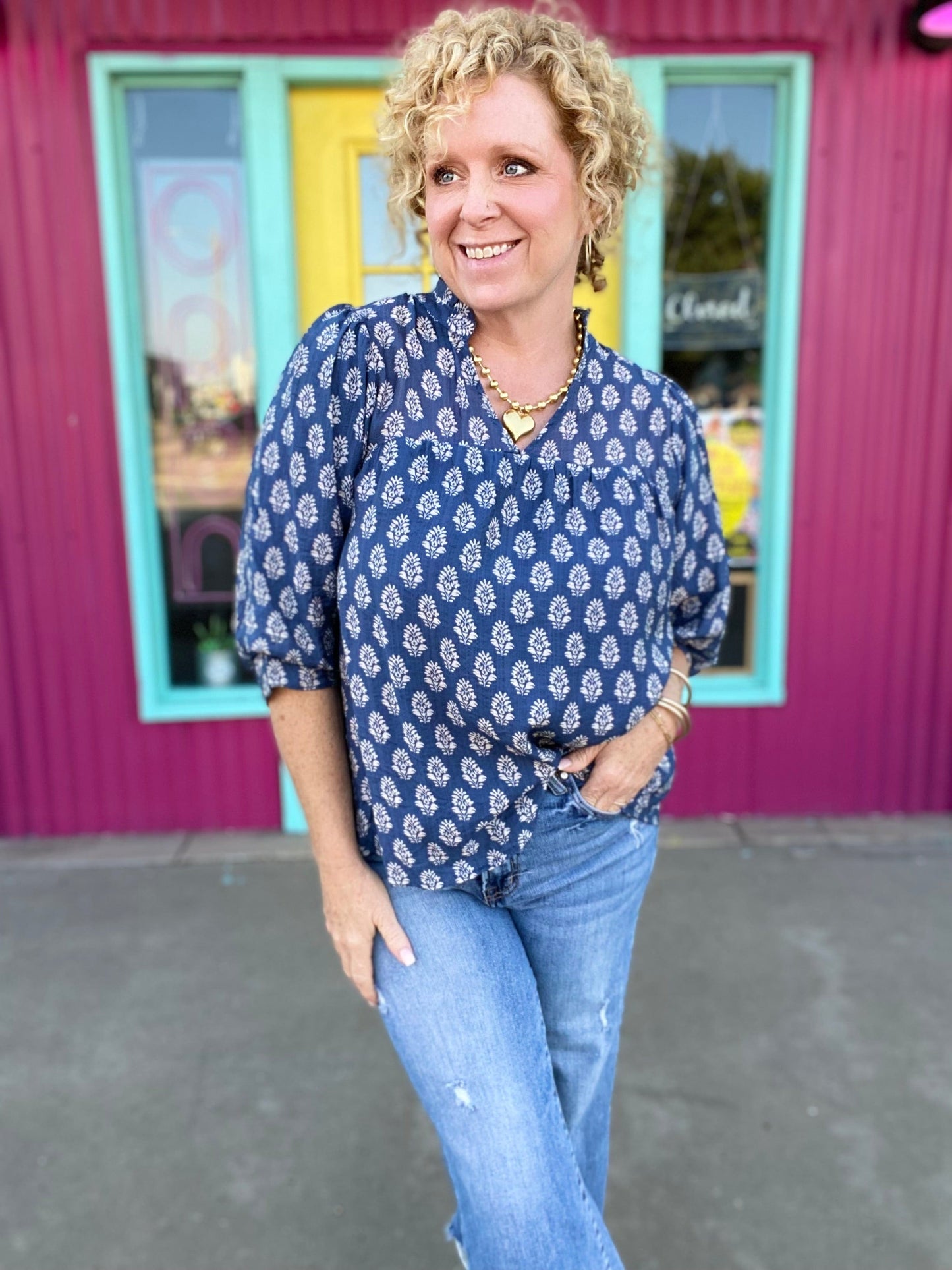 Tops Denim Blue Floral Blouse