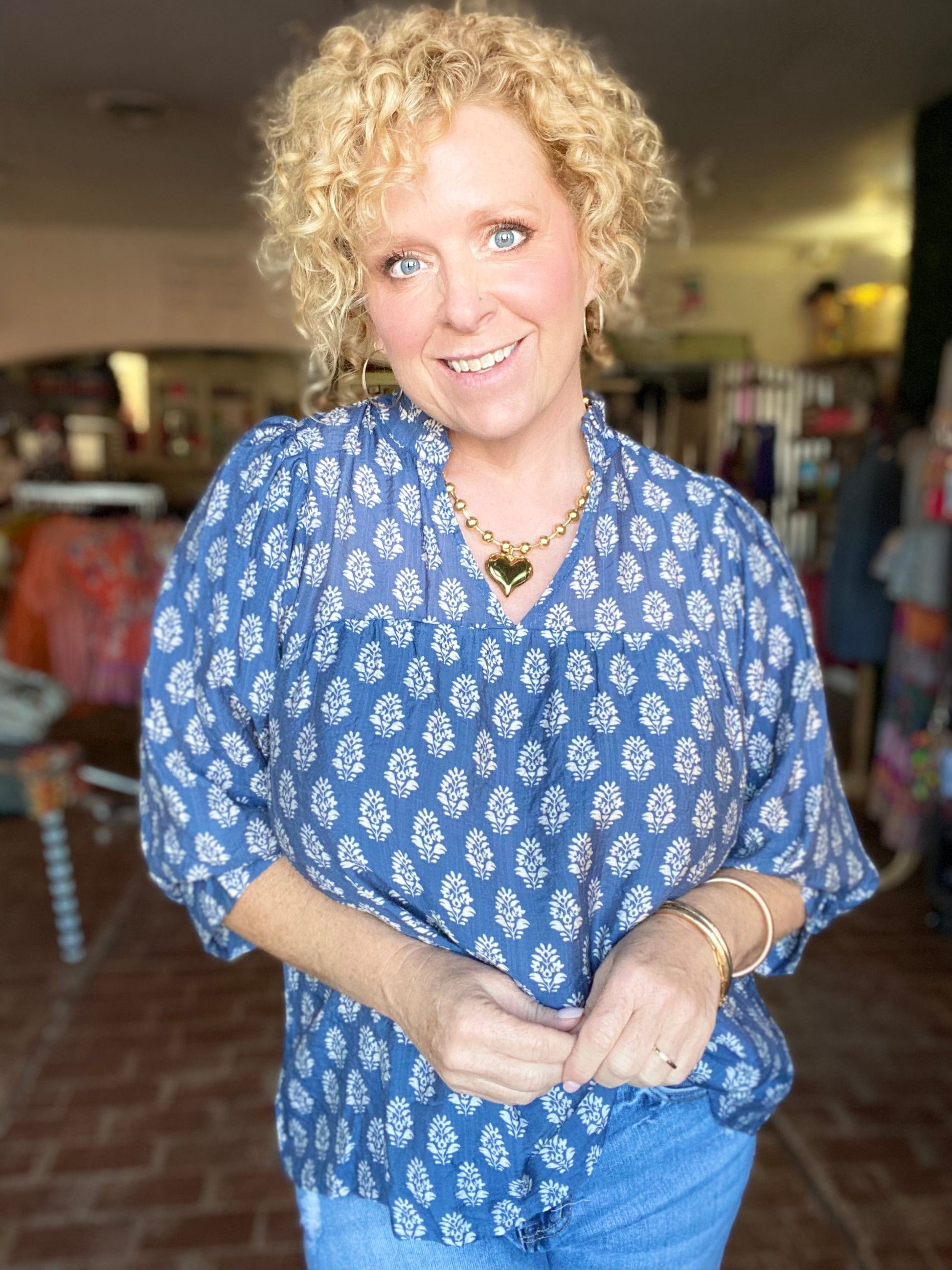 Tops Denim Blue Floral Blouse