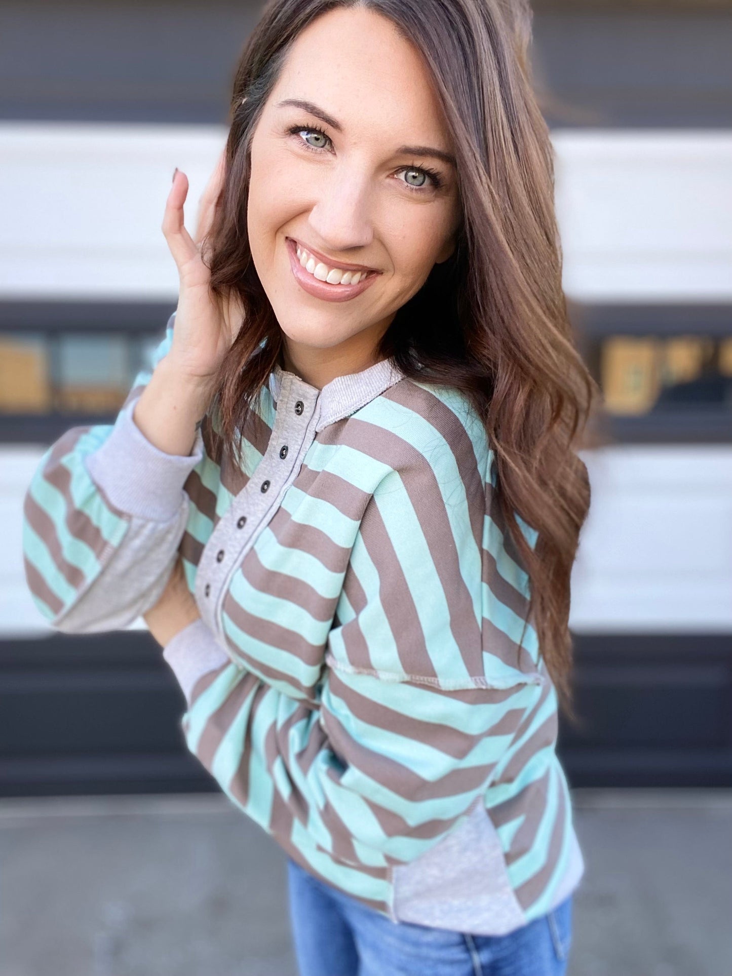 Shirts & Tops Emily Stripe Half Button Pullover- Mint