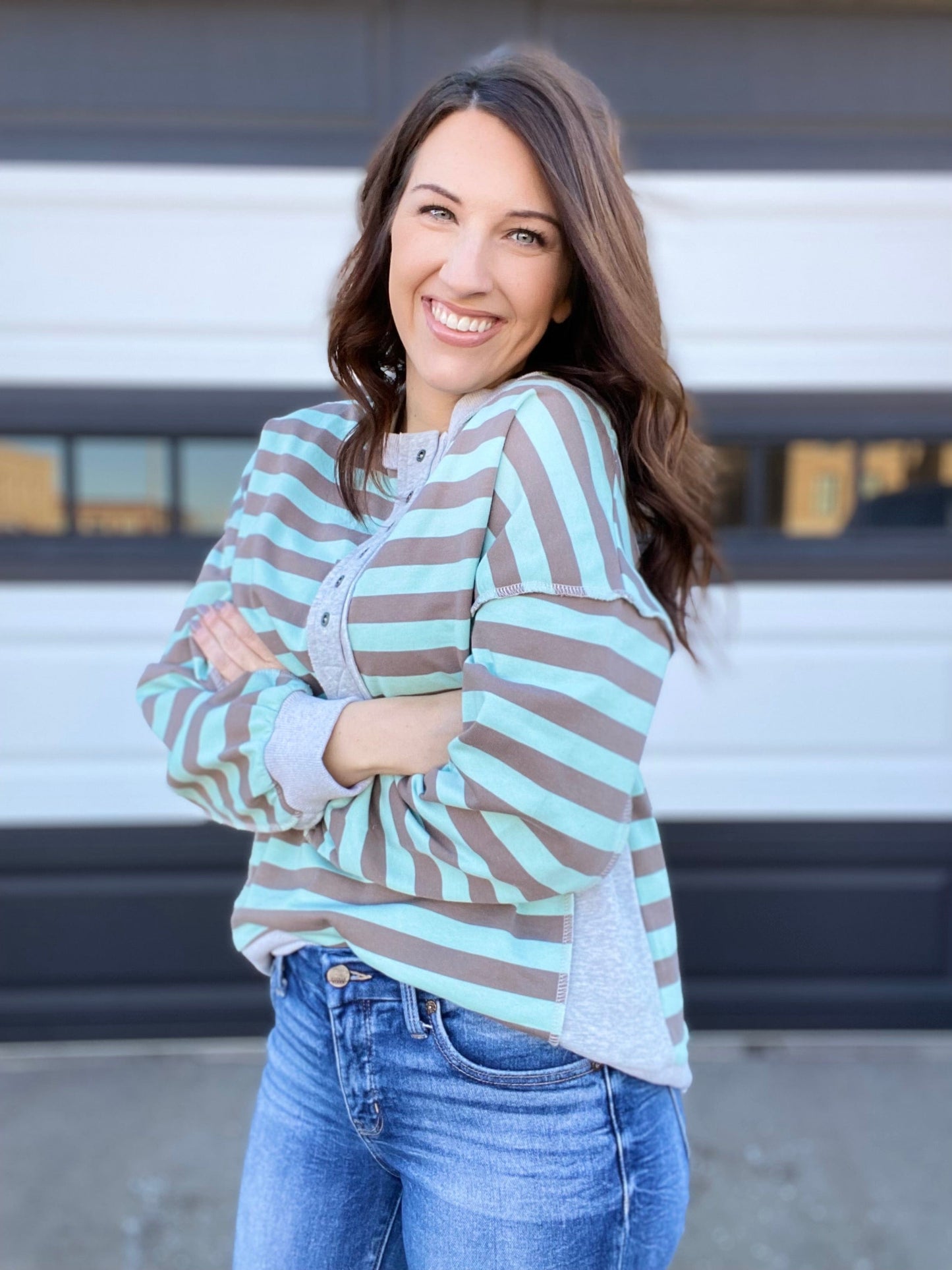 Shirts & Tops Emily Stripe Half Button Pullover- Mint
