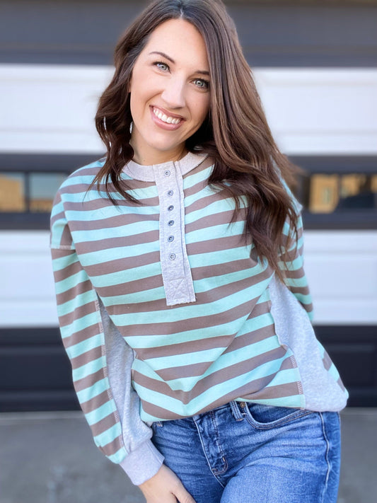 Shirts & Tops Emily Stripe Half Button Pullover- Mint
