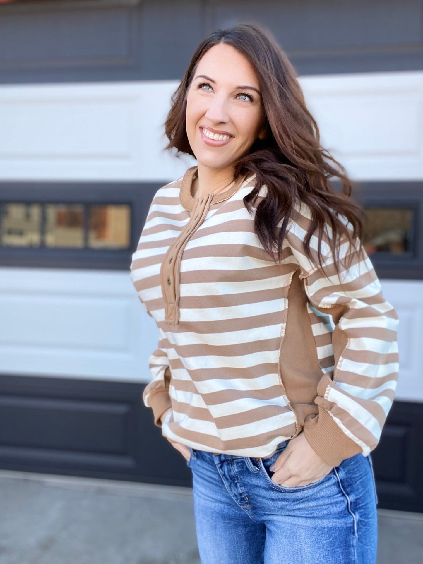 Shirts & Tops Emily Stripe Half Button Pullover- Mocha