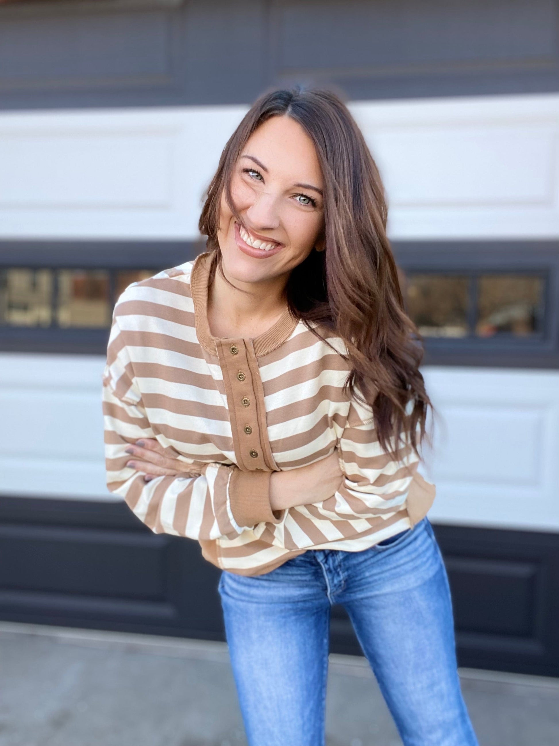 Shirts & Tops Emily Stripe Half Button Pullover- Mocha