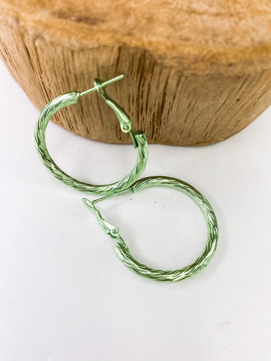 Earrings Fluted Metallic Hoop Green