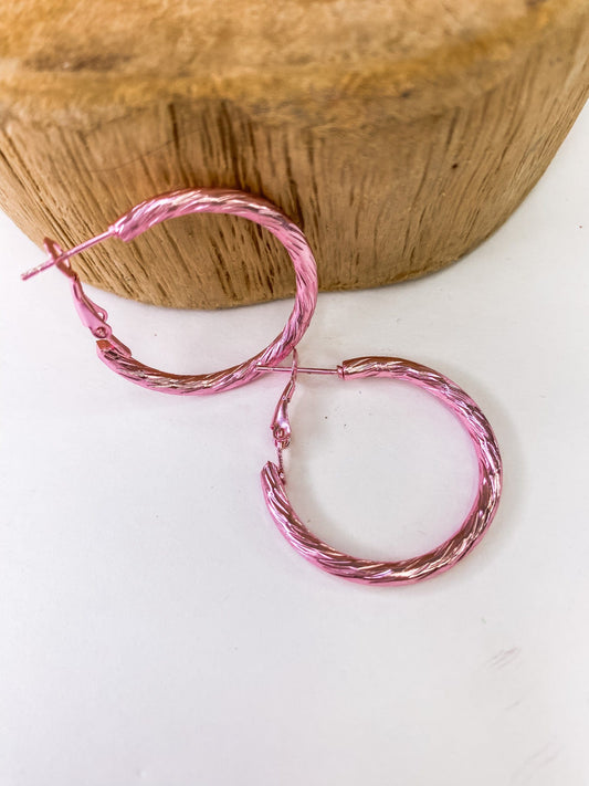 Earrings Fluted Metallic Hoop Hot Pink