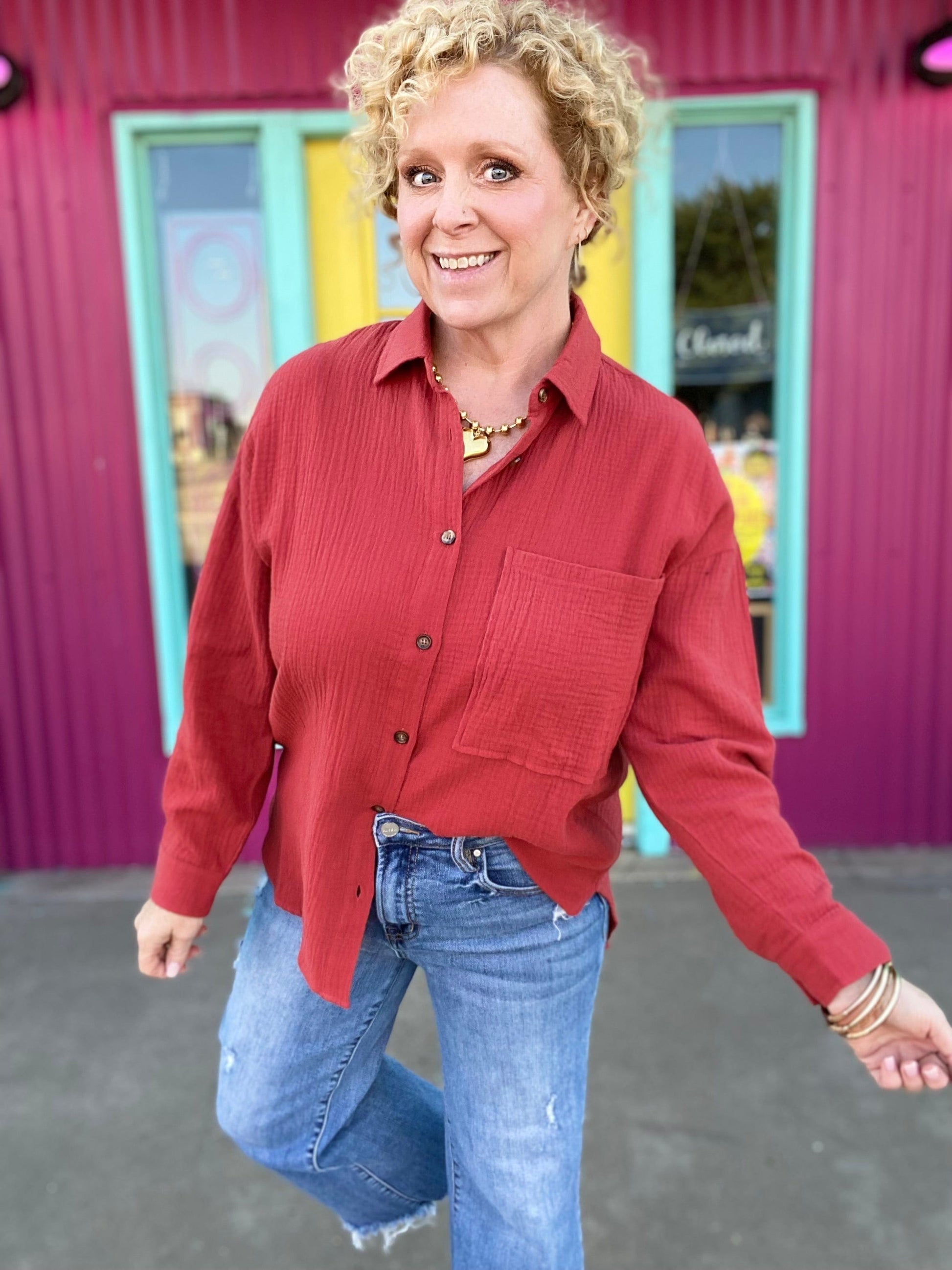 apparel Gauzy Button Down-Brick