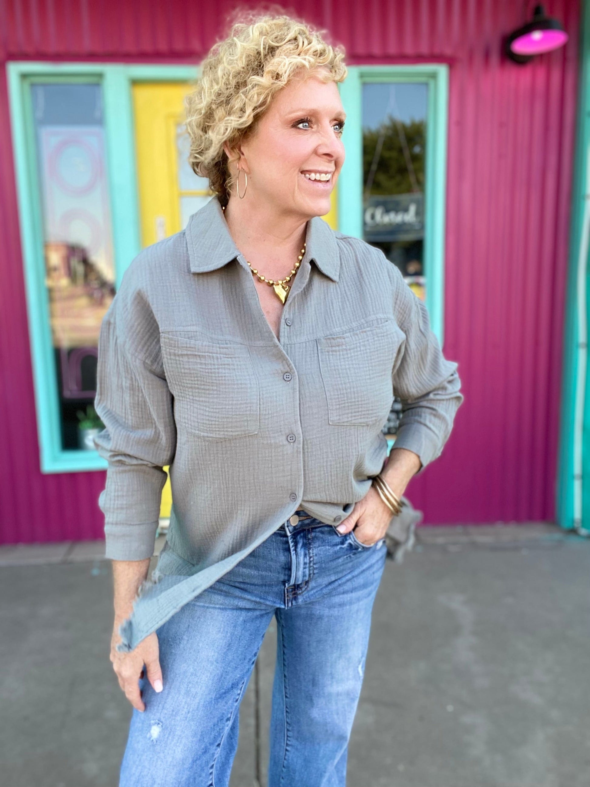 apparel Gauzy Button Down Frayed Hem-Olive