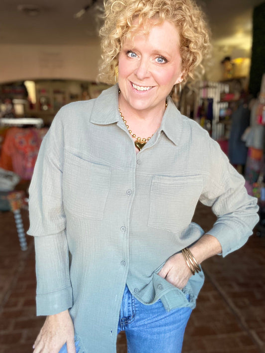 apparel Gauzy Button Down Frayed Hem-Olive