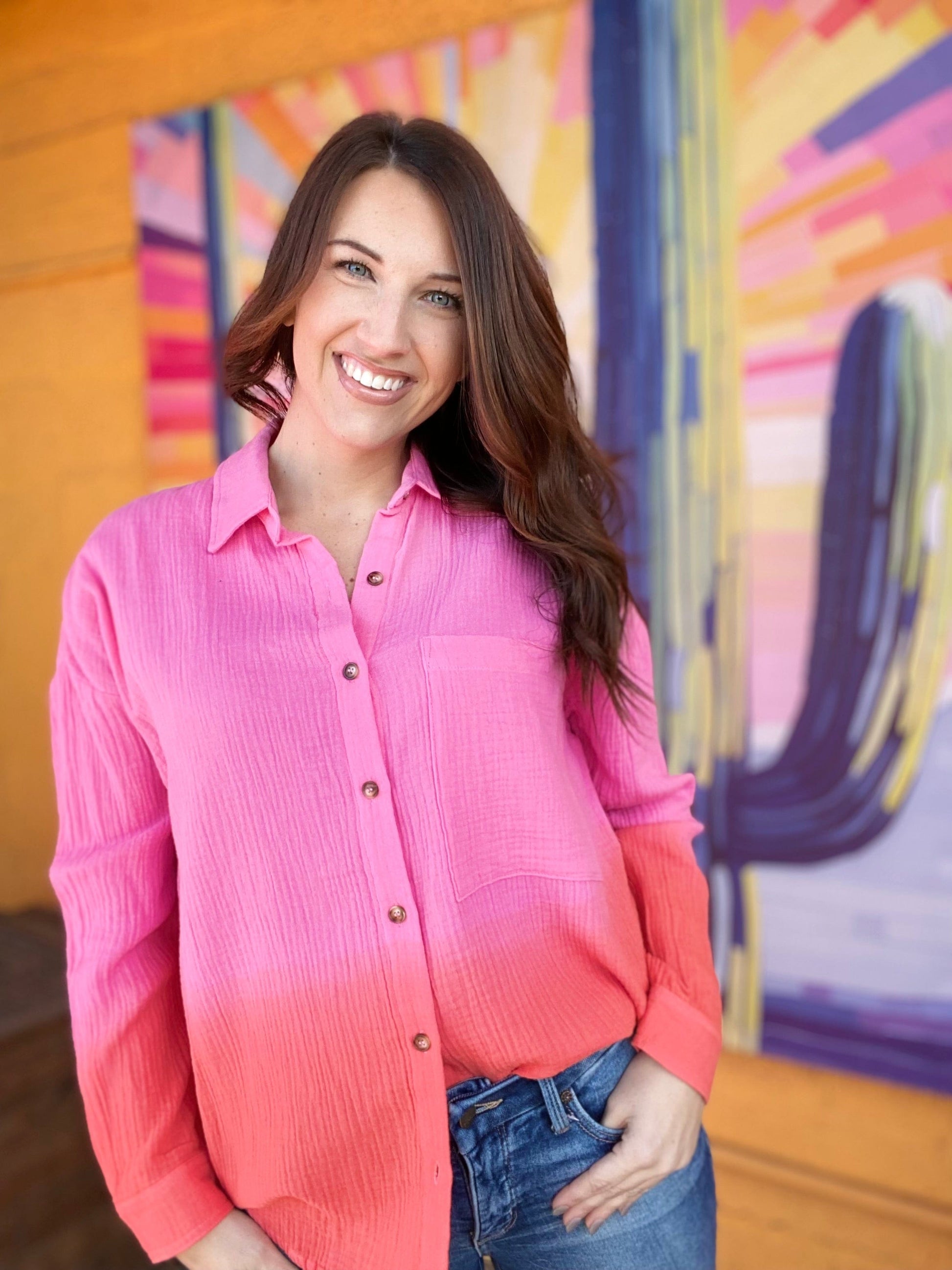 apparel Gauzy Button Down Ombre Pink