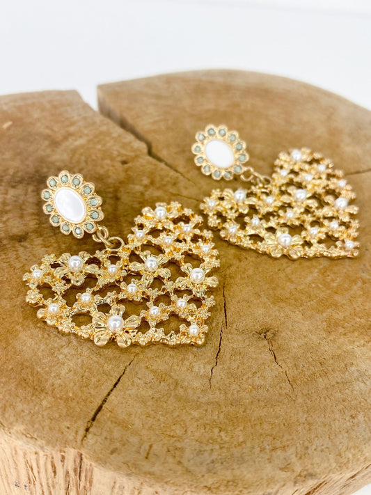 Earrings Golden Heart Earring with Pearls