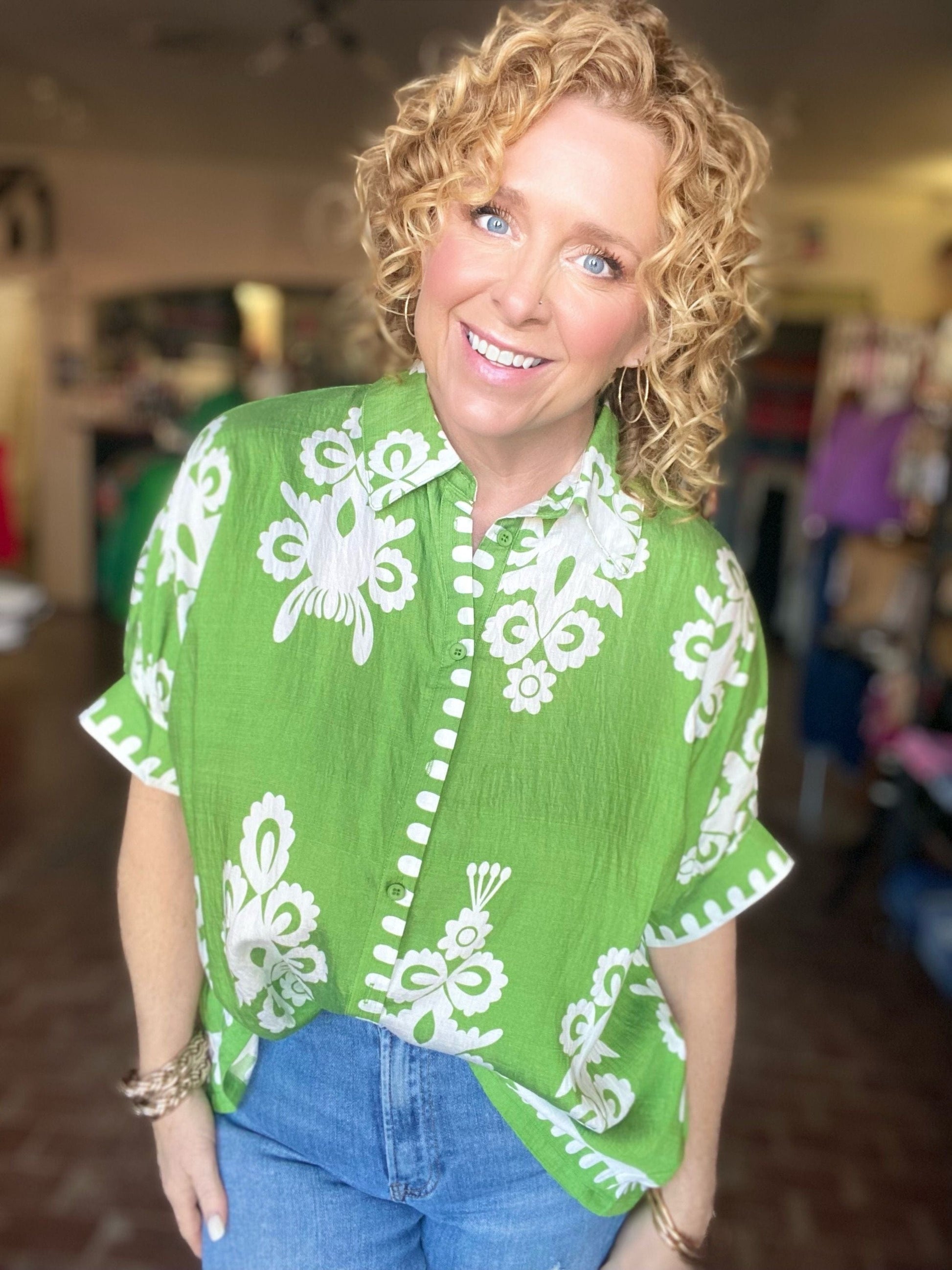 Tops Jayda Funky Print Blouse- Apple Green