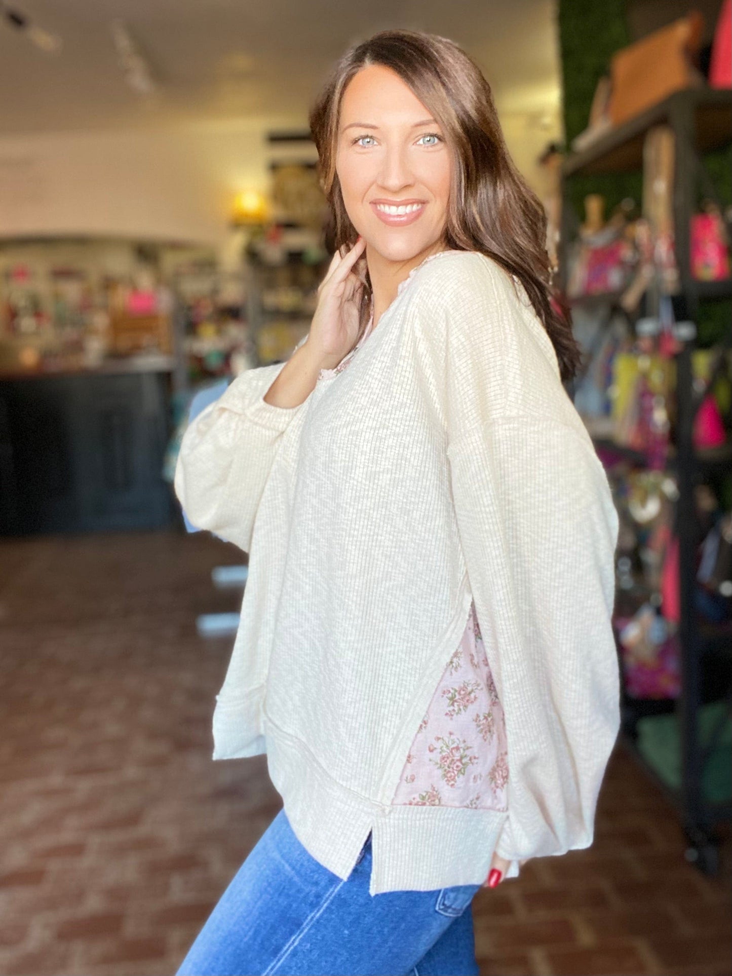 Outerwear Jera Floral Trim Waffle Pullover