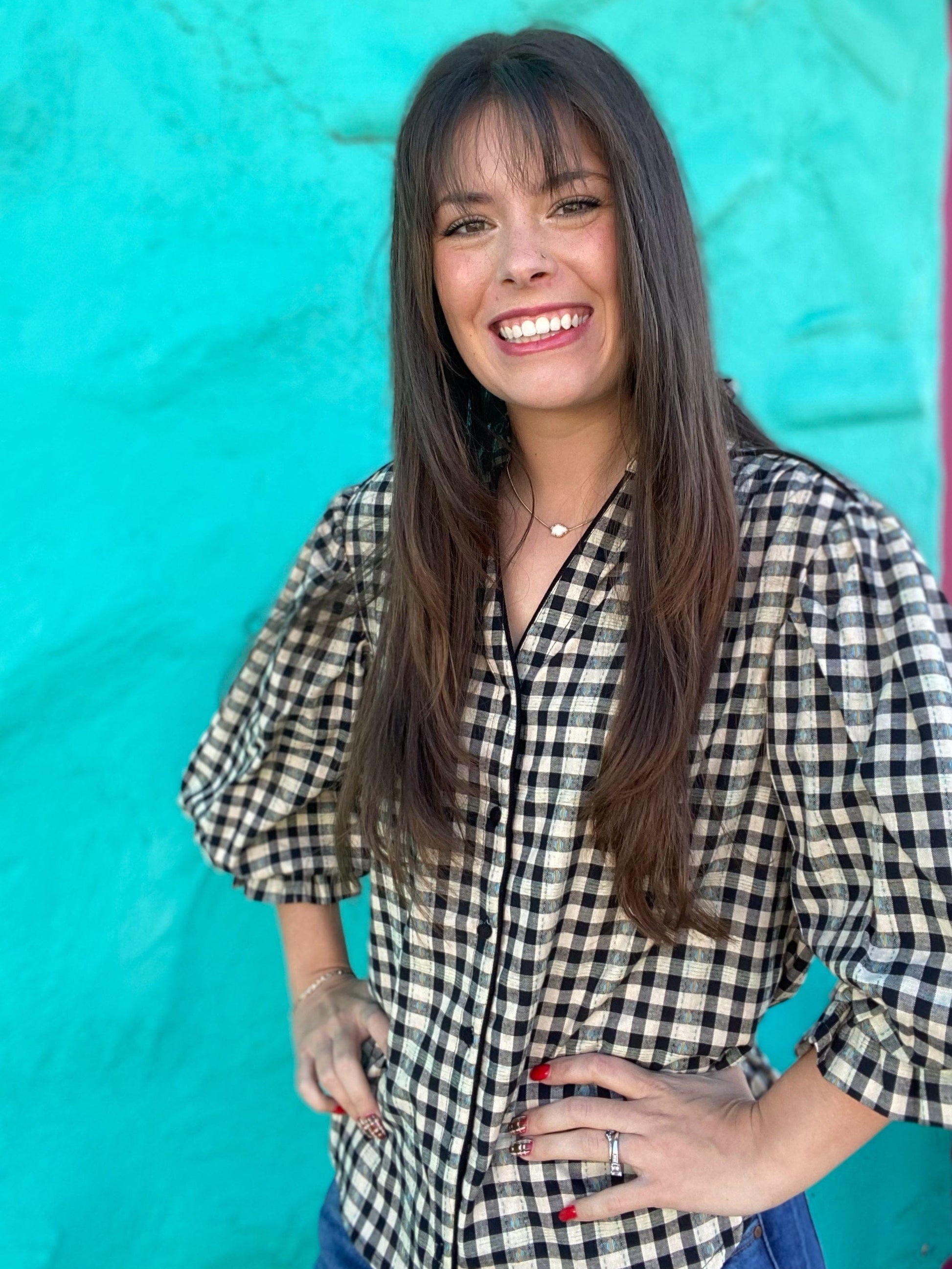 Tops Katie Balloon Sleeve Blouse- Black Gingham